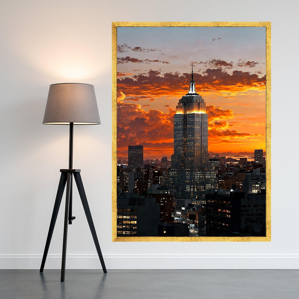 Illuminated Cityscape Sunset, Empire State Building Canvas, New York Skyline Wall Art, Urban Architecture Canvas, Modern City Ready To Hang,