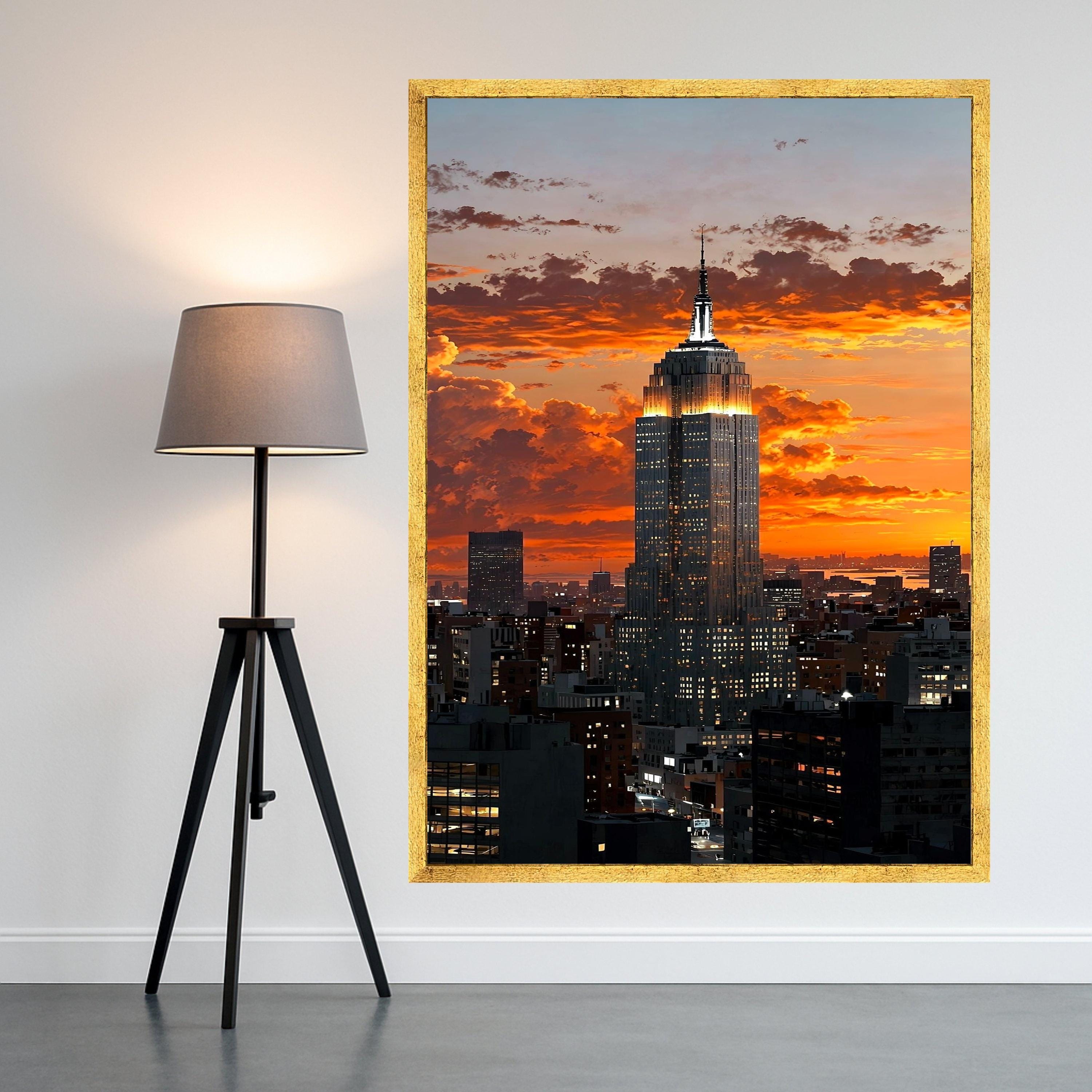 Illuminated Cityscape Sunset, Empire State Building Canvas, New York Skyline Wall Art, Urban Architecture Canvas, Modern City Ready To Hang,