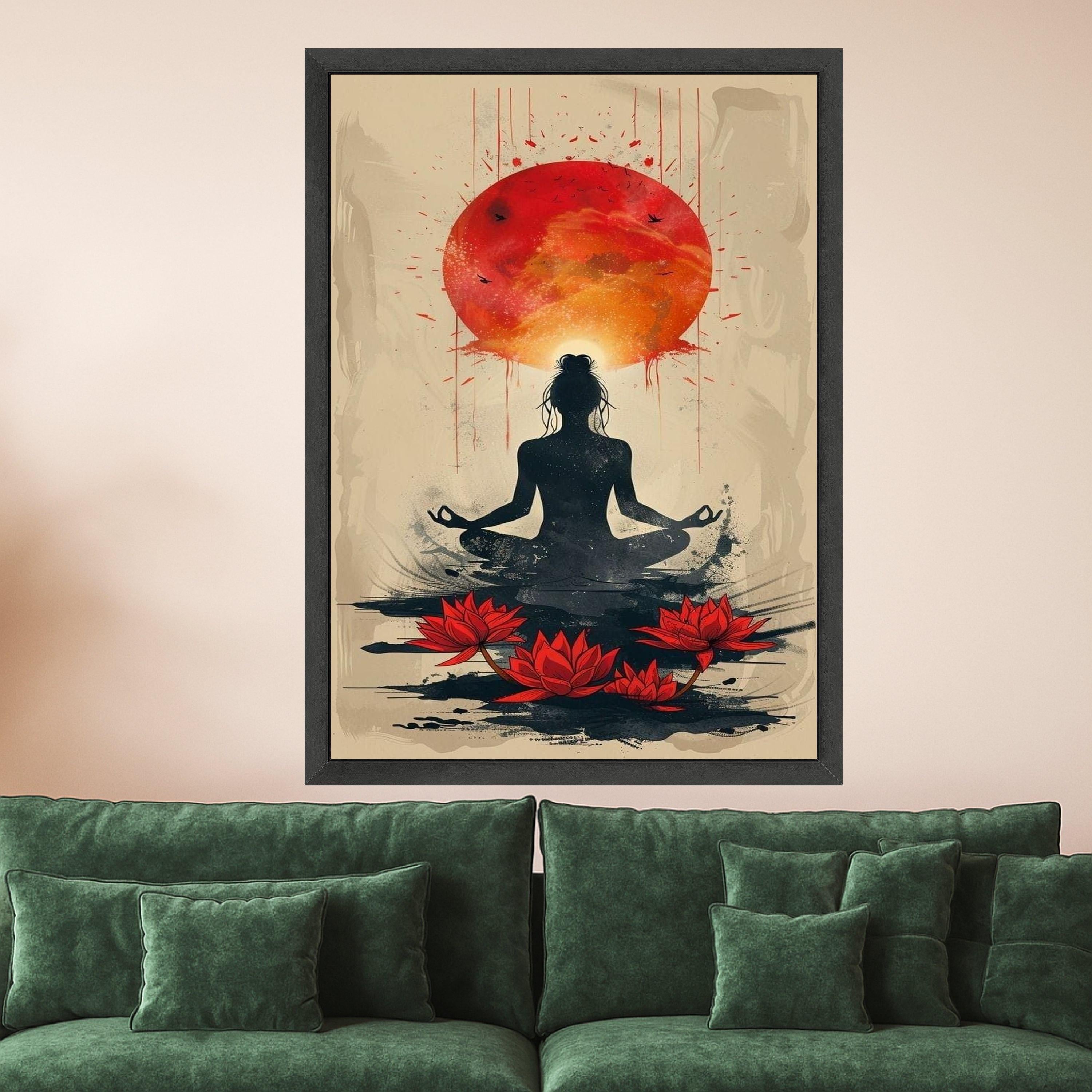 Meditative Yoga Silhouette Canvas, Red Lotus Flowers Wall Art, Spiritual Sunrise Painting, Zen Home Decor, Mindfulness Canvas Ready To Hang,