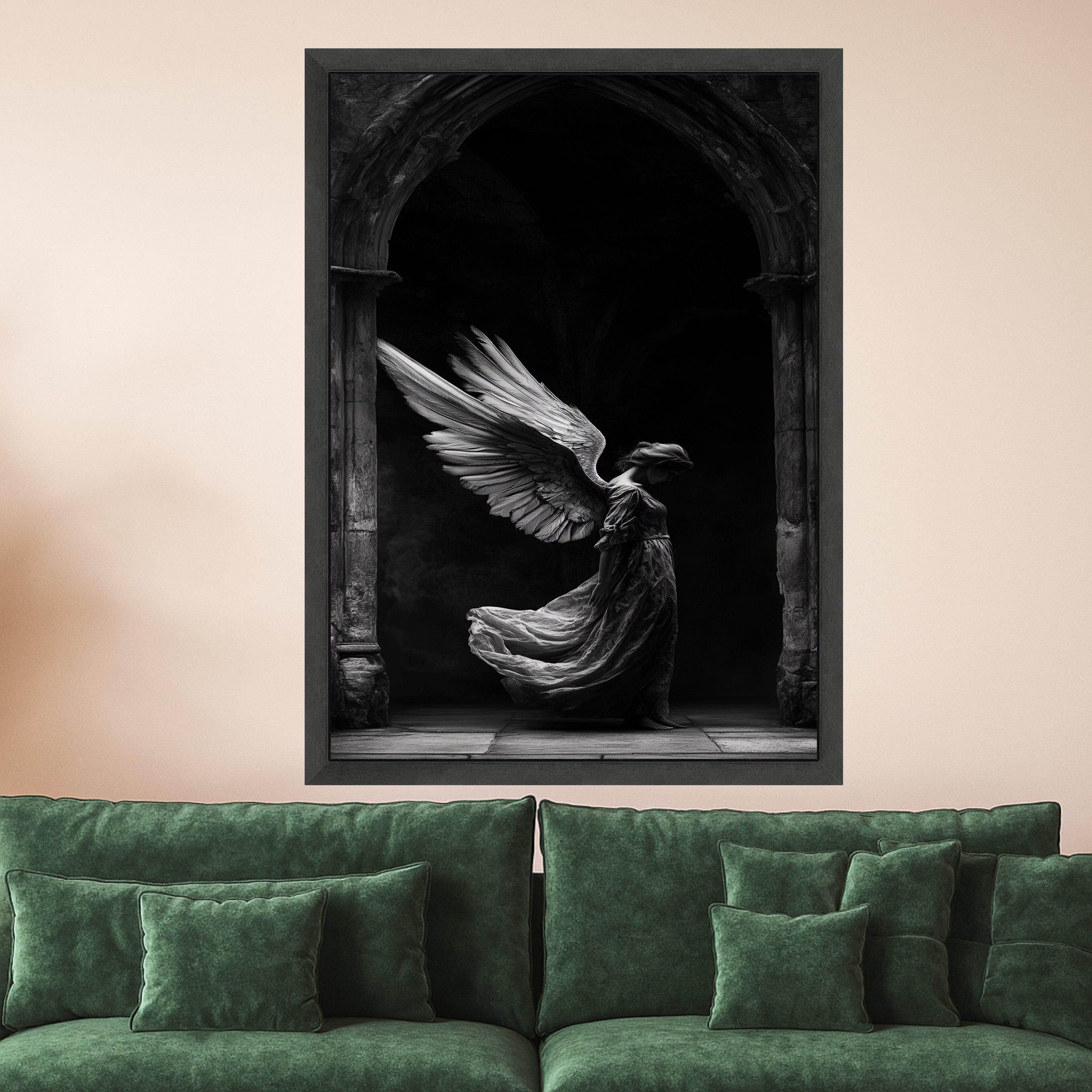 Elegant Angel Wings Canvas Wall Art, Gothic Archway Scene, Black and White Angelic Figure, Spiritual Home Decoration, Ready To Hang,