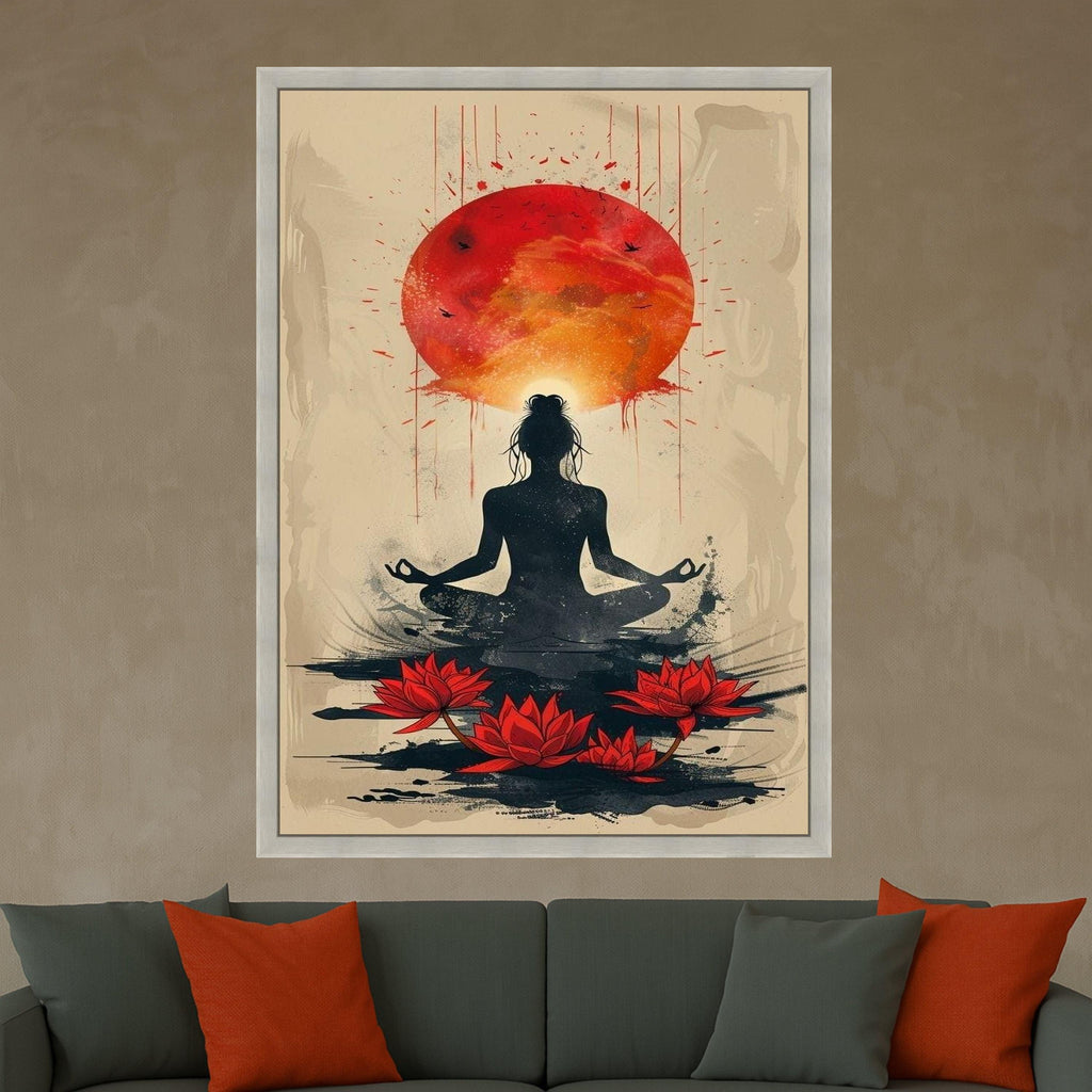 Meditative Yoga Silhouette Canvas, Red Lotus Flowers Wall Art, Spiritual Sunrise Painting, Zen Home Decor, Mindfulness Canvas Ready To Hang,