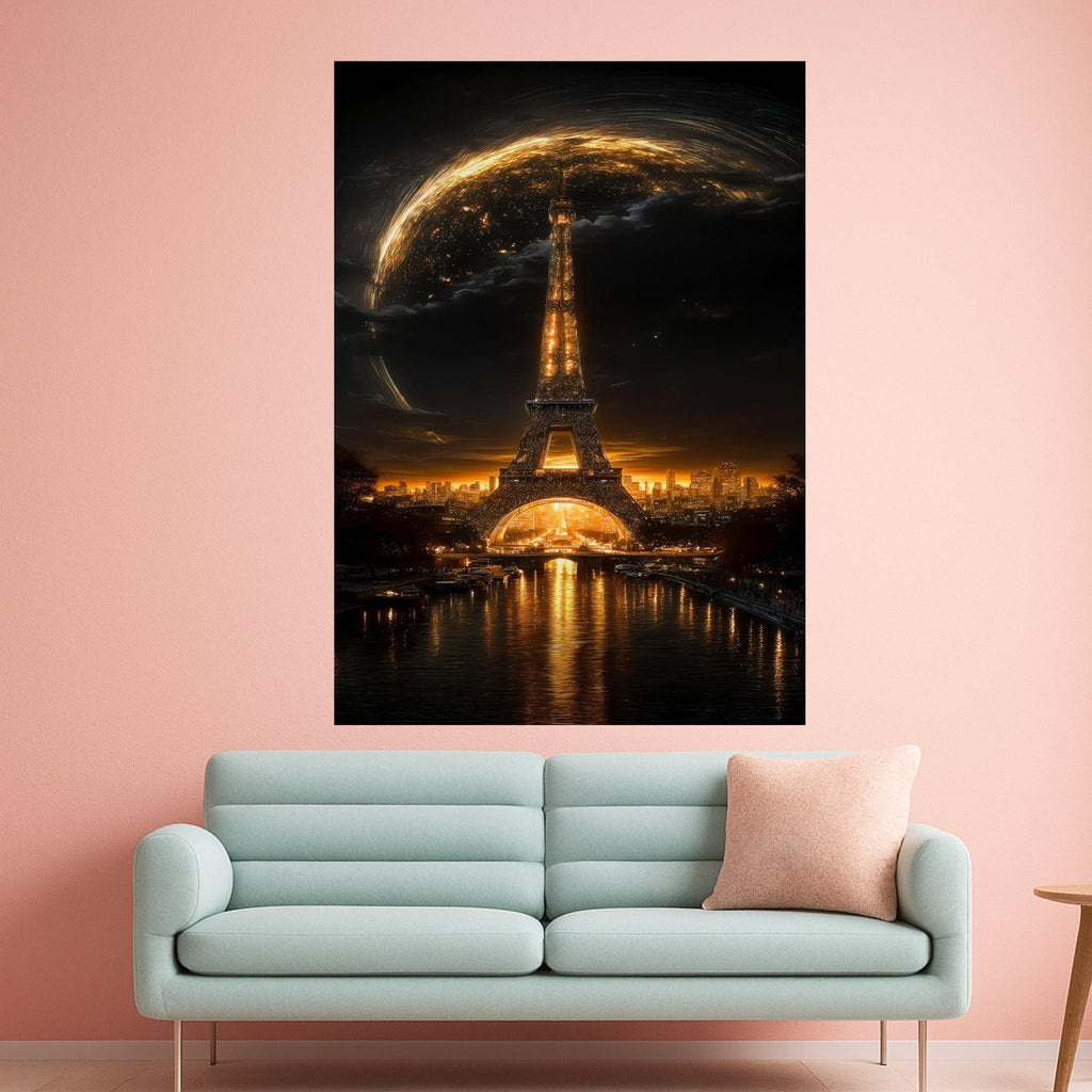 Illuminated Eiffel Tower at Night, Paris Cityscape Canvas, Golden Glow Wall Art, Romantic Landmark Decoration, Urban Night Ready To Hang,