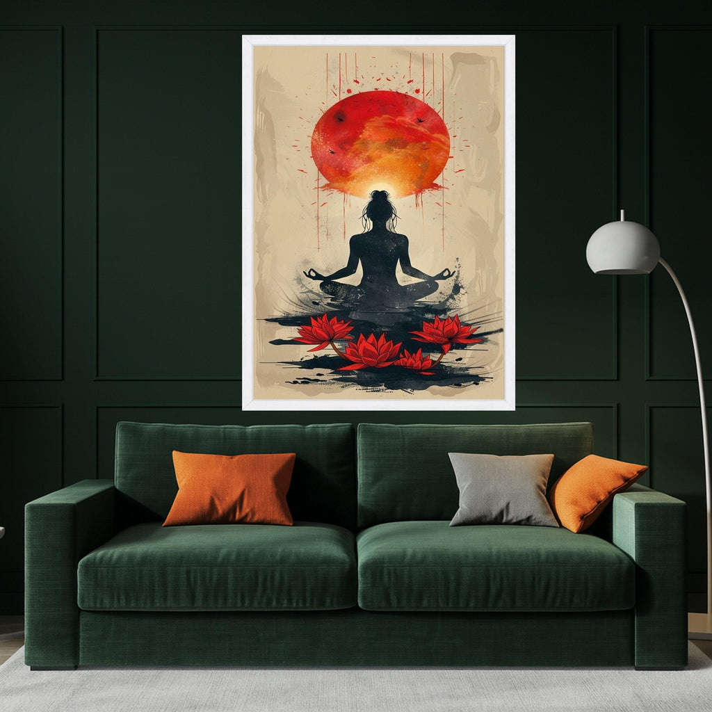 Meditative Yoga Silhouette Canvas, Red Lotus Flowers Wall Art, Spiritual Sunrise Painting, Zen Home Decor, Mindfulness Canvas Ready To Hang,