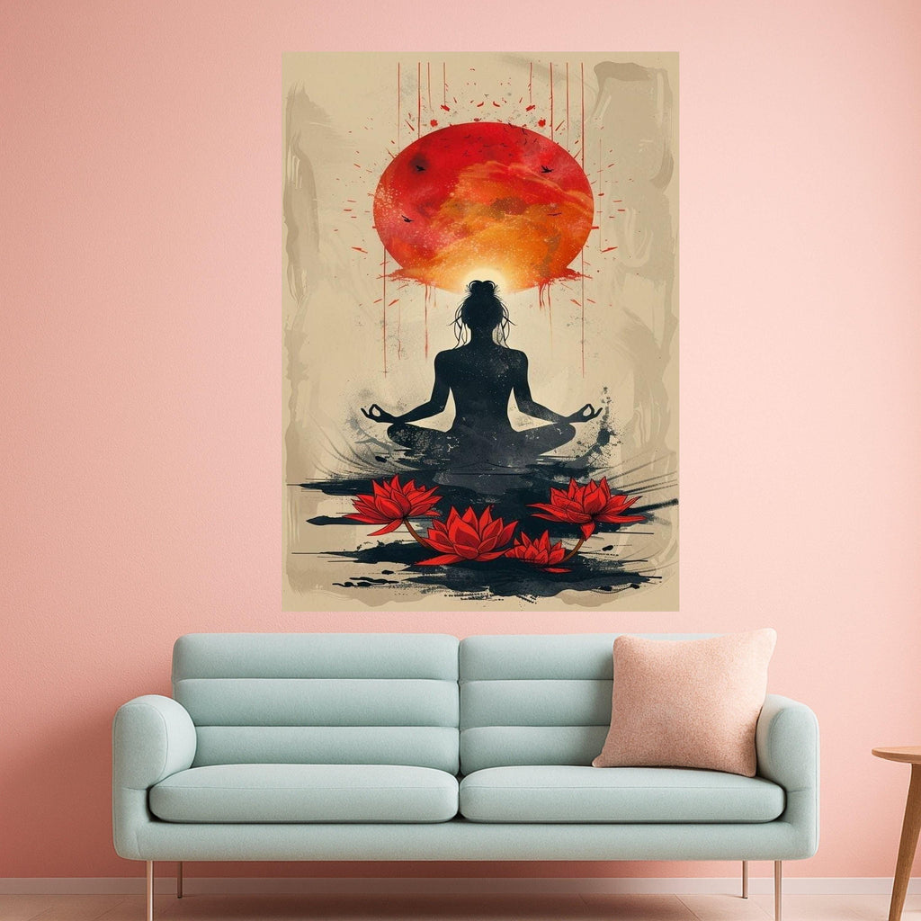Meditative Yoga Silhouette Canvas, Red Lotus Flowers Wall Art, Spiritual Sunrise Painting, Zen Home Decor, Mindfulness Canvas Ready To Hang,
