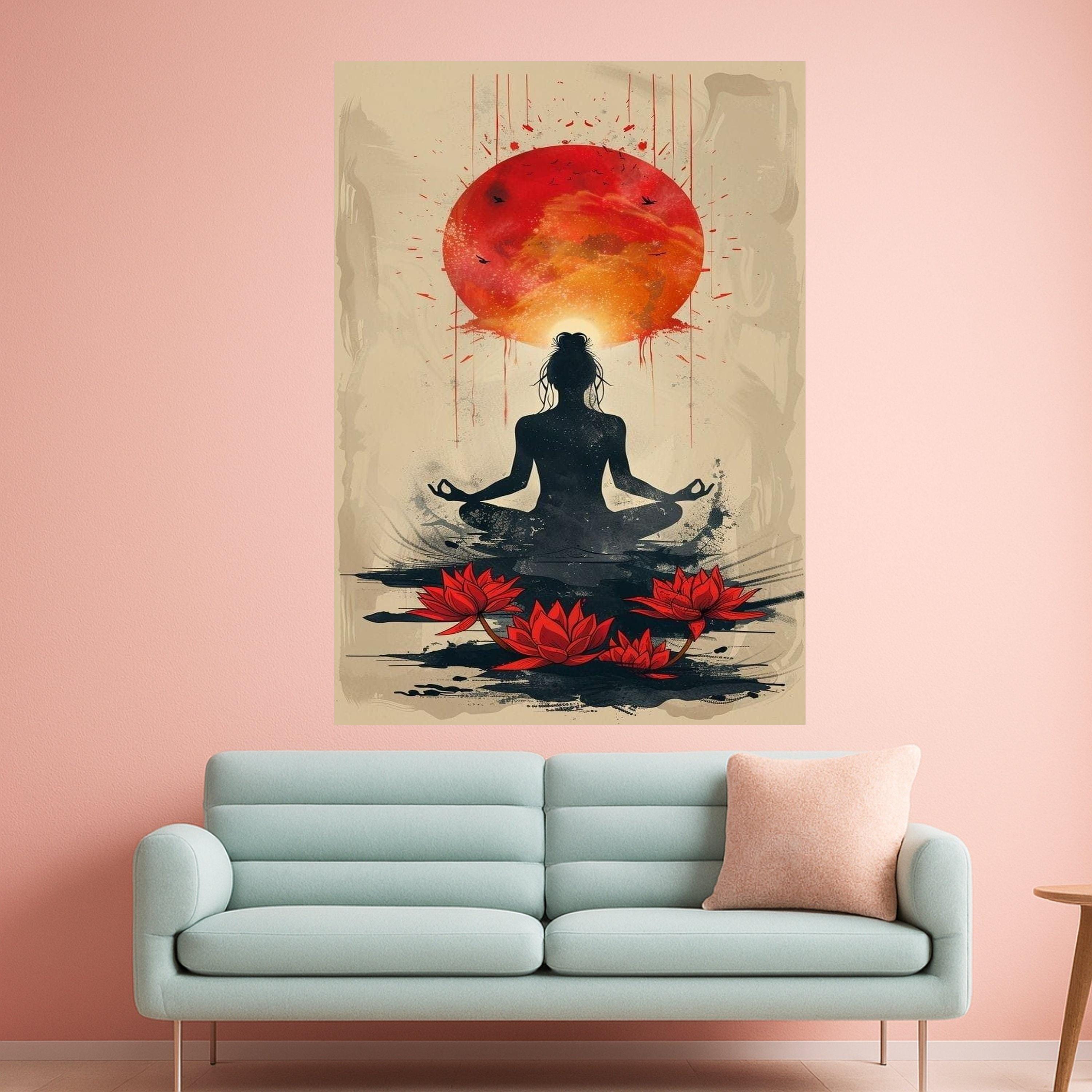Meditative Yoga Silhouette Canvas, Red Lotus Flowers Wall Art, Spiritual Sunrise Painting, Zen Home Decor, Mindfulness Canvas Ready To Hang,