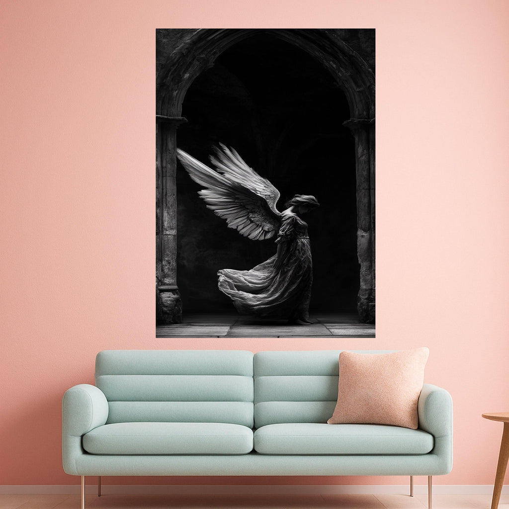 Elegant Angel Wings Canvas Wall Art, Gothic Archway Scene, Black and White Angelic Figure, Spiritual Home Decoration, Ready To Hang,