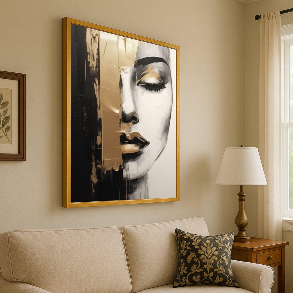 Abstract Female Portrait Canvas, Black and Gold Wall Art, Ready to Hang