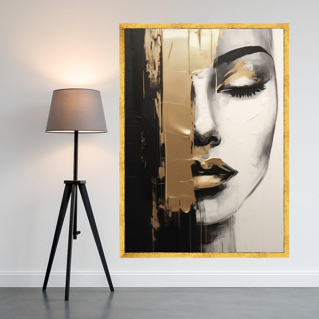 Abstract Female Portrait Canvas, Black and Gold Wall Art, Ready to Hang