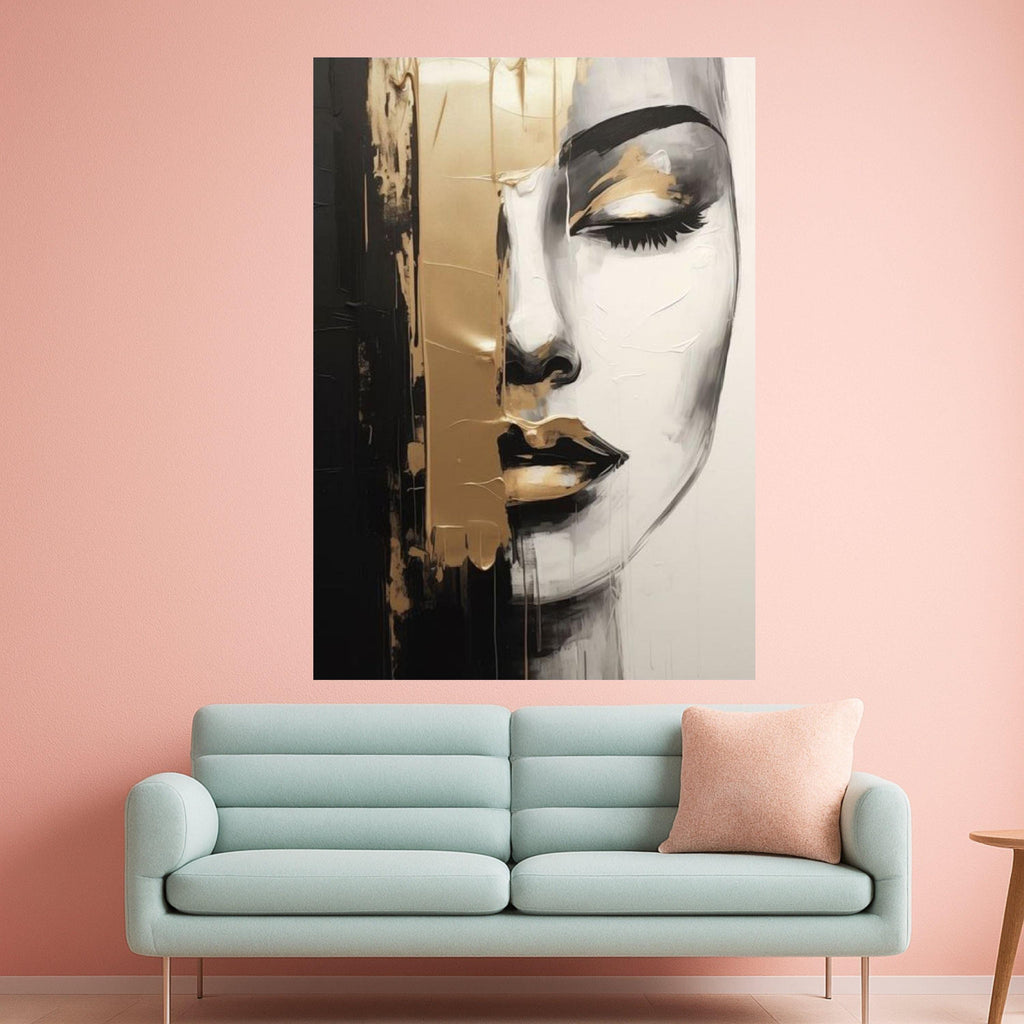 Abstract Female Portrait Canvas, Black and Gold Wall Art, Ready to Hang