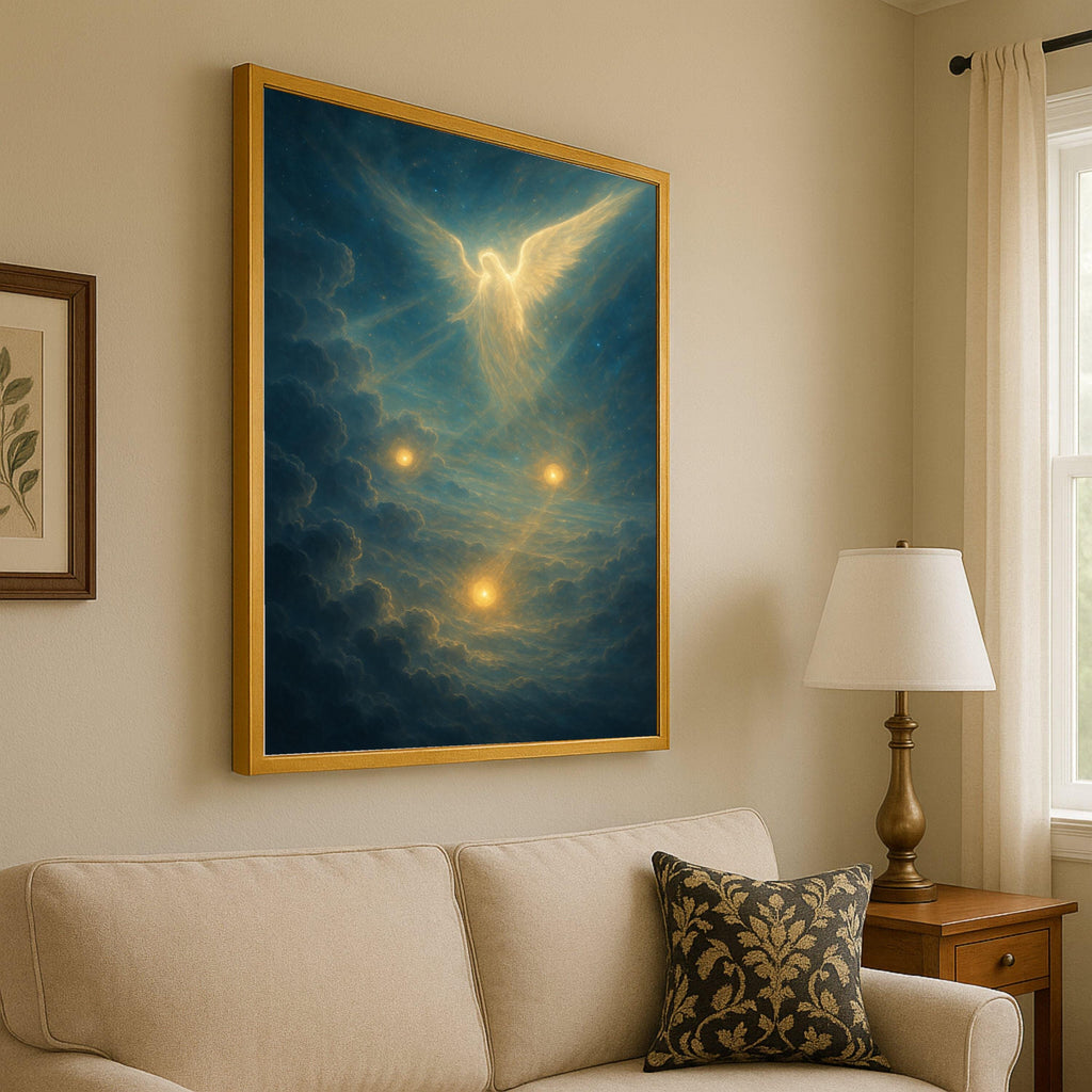 Ethereal Angel in Celestial Clouds Canvas, Spiritual Wall Art, Heavenly Light Painting, Mystical Glow Decoration, Divine Home Ready To Hang,