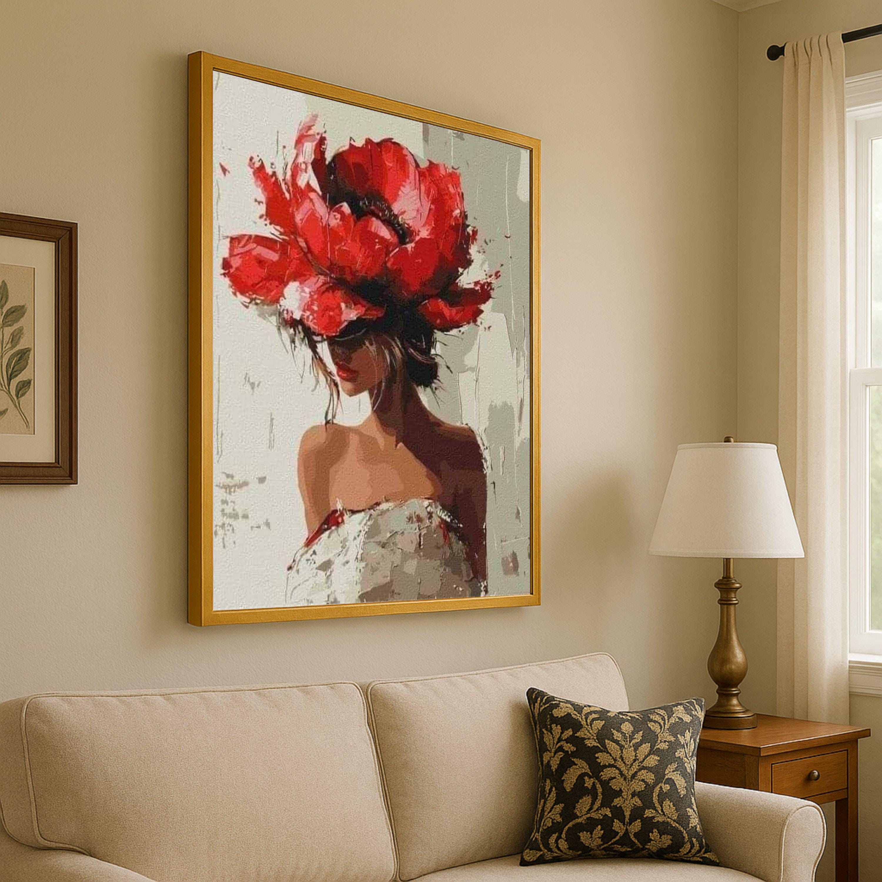 Red Flower Hat Woman Canvas Print – Modern Fashion Wall Art, Bold Wall Decor, Ready to Hang Wall Decoration