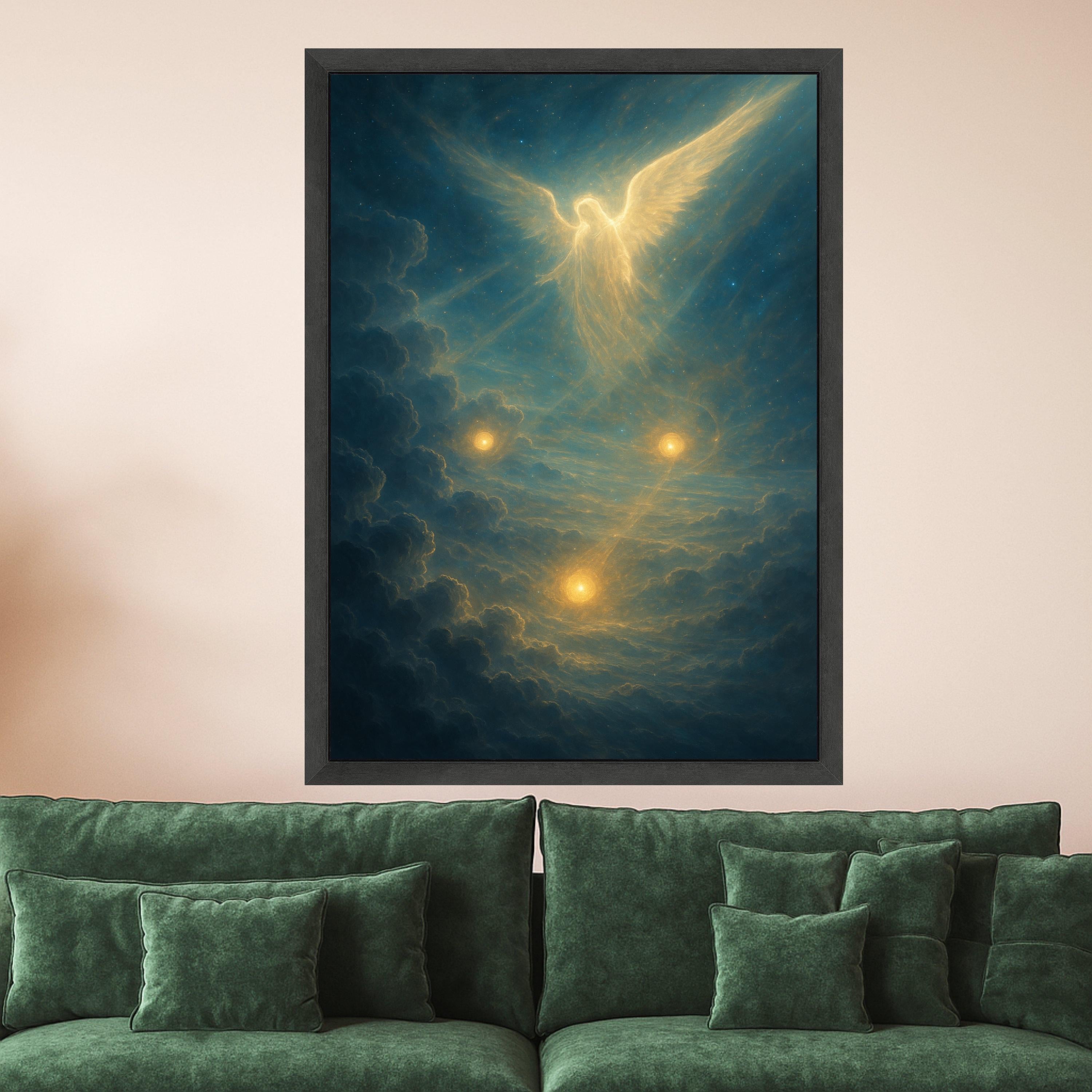 Ethereal Angel in Celestial Clouds Canvas, Spiritual Wall Art, Heavenly Light Painting, Mystical Glow Decoration, Divine Home Ready To Hang,