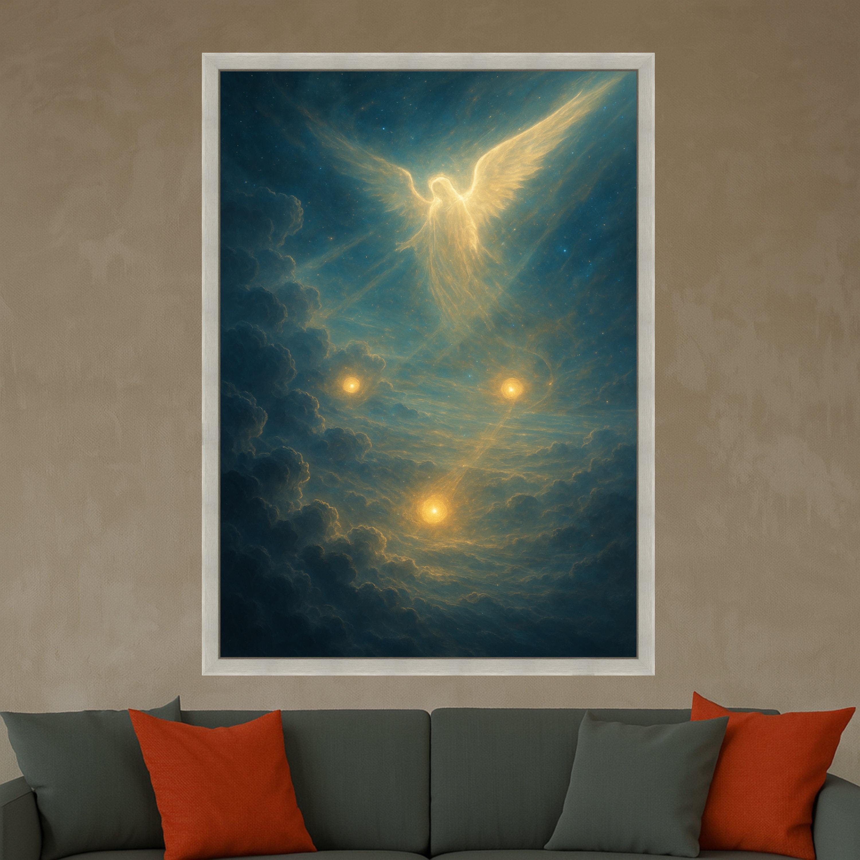 Ethereal Angel in Celestial Clouds Canvas, Spiritual Wall Art, Heavenly Light Painting, Mystical Glow Decoration, Divine Home Ready To Hang,