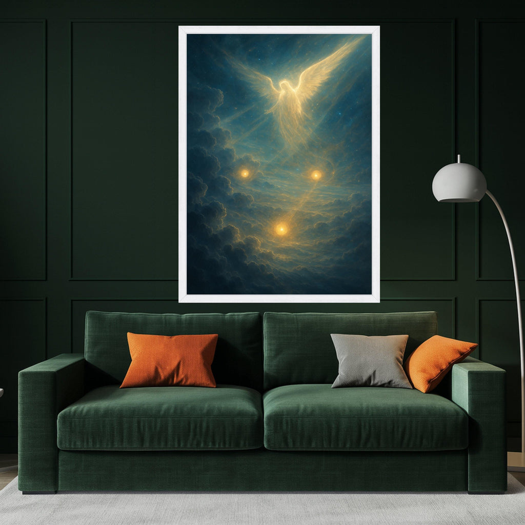 Ethereal Angel in Celestial Clouds Canvas, Spiritual Wall Art, Heavenly Light Painting, Mystical Glow Decoration, Divine Home Ready To Hang,