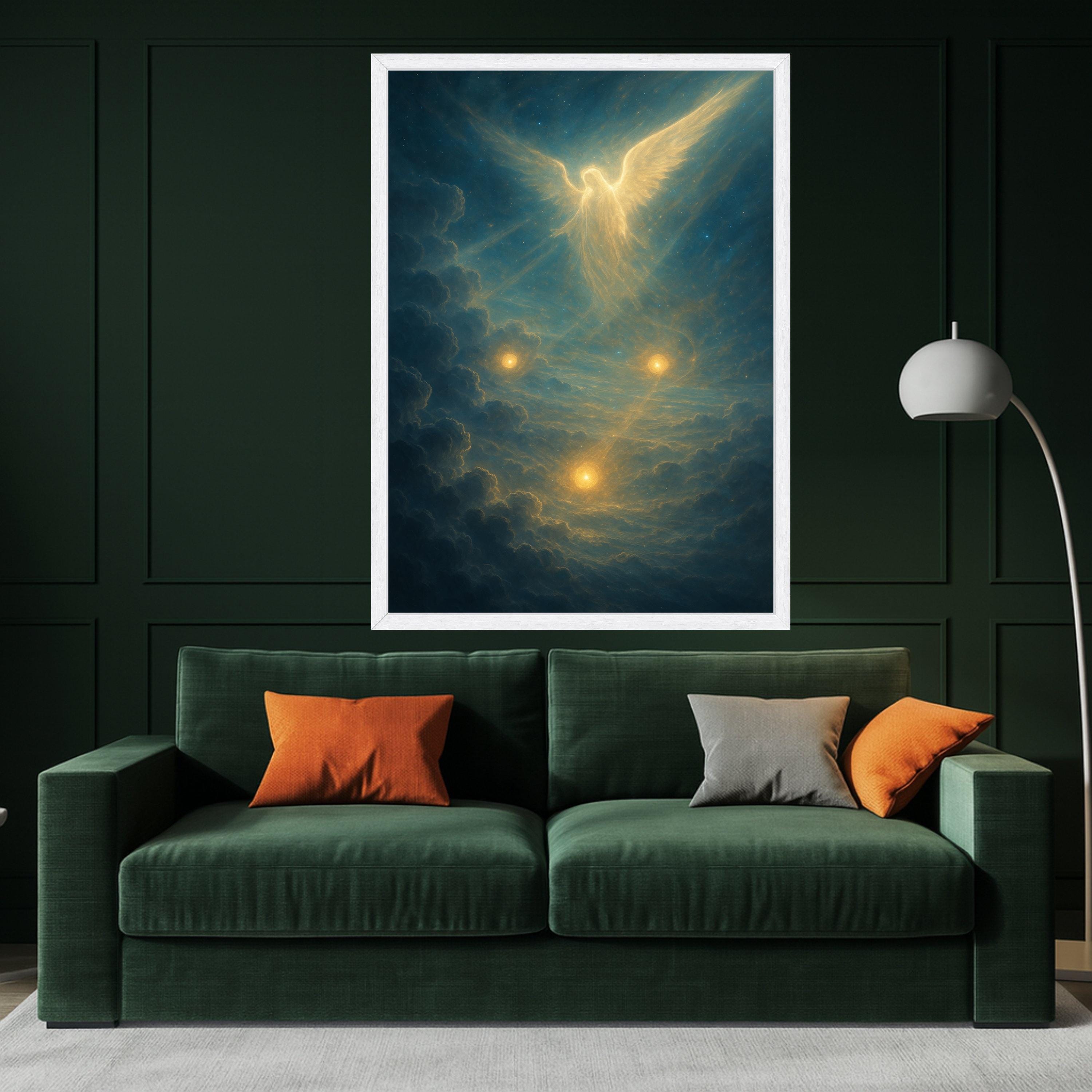 Ethereal Angel in Celestial Clouds Canvas, Spiritual Wall Art, Heavenly Light Painting, Mystical Glow Decoration, Divine Home Ready To Hang,