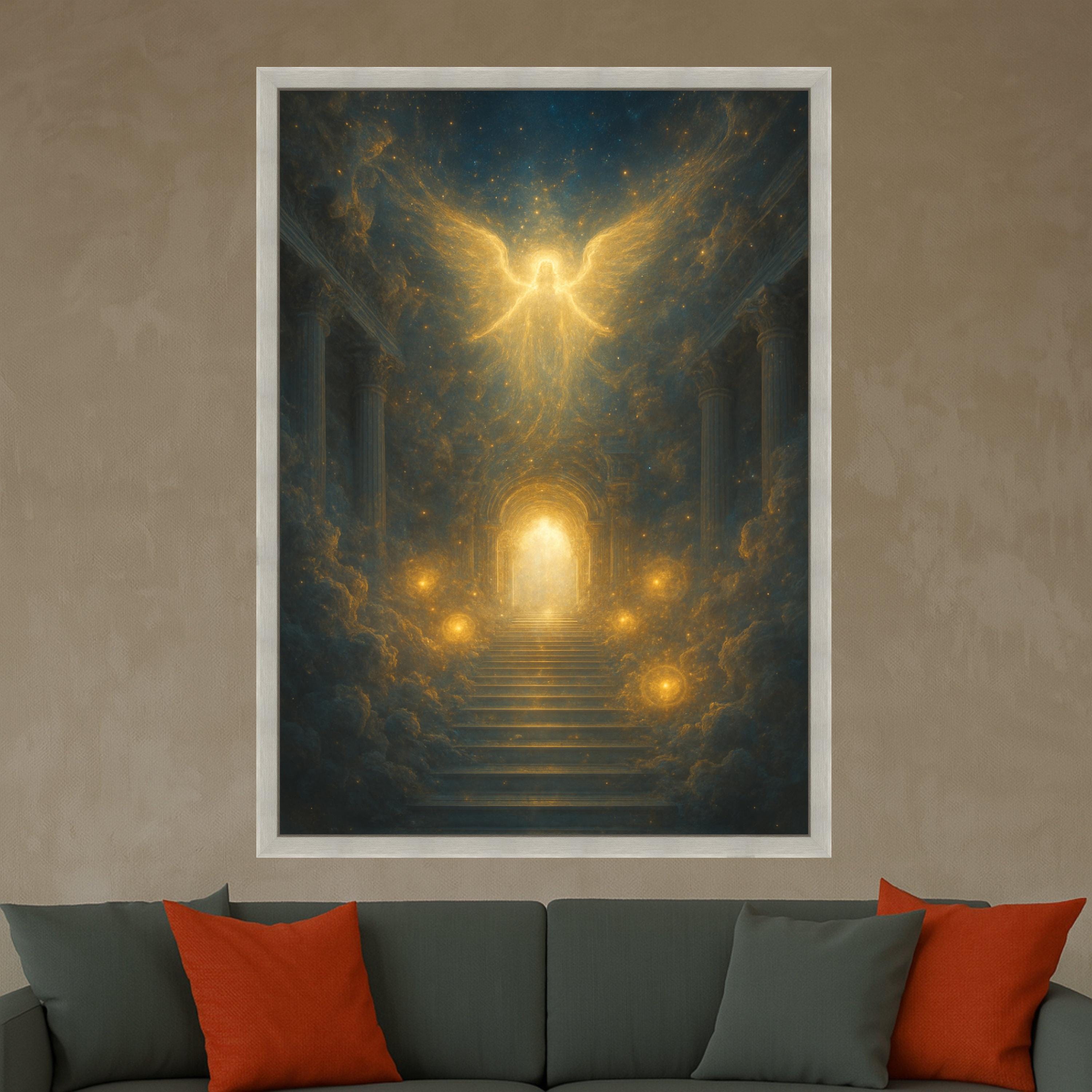 Heavenly Angel Canvas Print – Stairway to Light Wall Art, Spiritual Wall Decor, Glowing Ready to Hang Wall Decoration