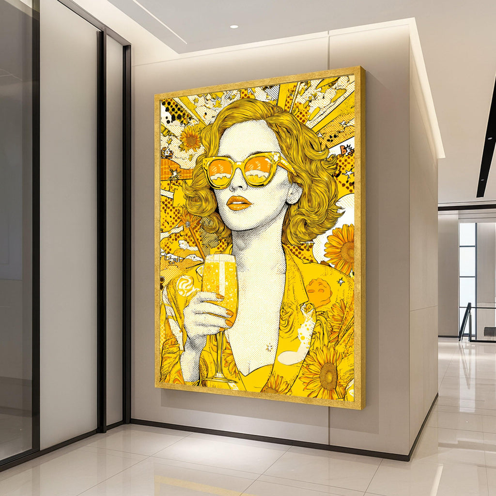 Vibrant Yellow Pop Art Woman Canvas, Retro Sunglasses Wall Art, Sunflower Theme Canvas, Bright Modern Home Decor, Fashion Ready To Hang,