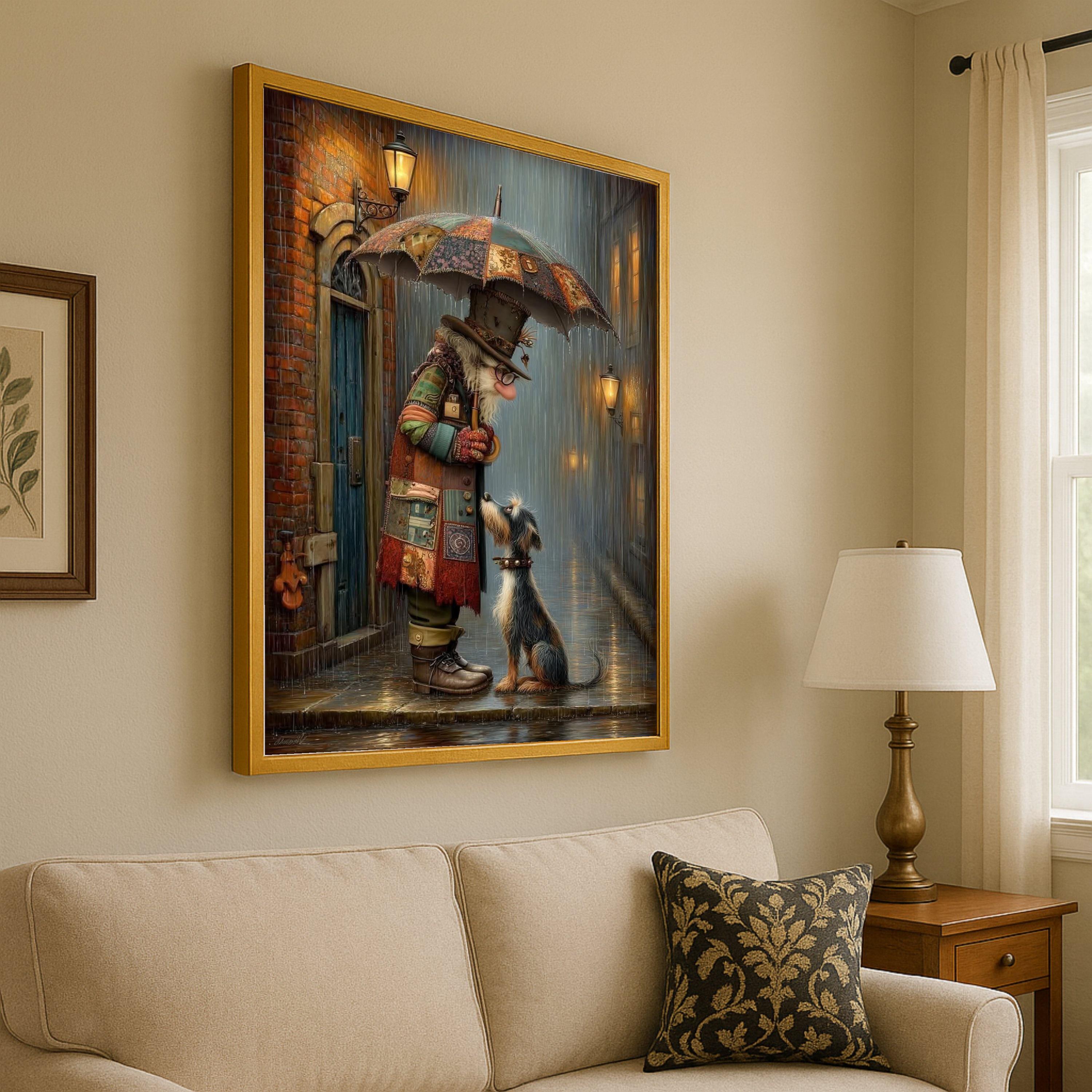 Whimsical Clown and Dog Canvas Print – Rainy Street Wall Art, Emotional Wall Decor, Ready to Hang Canvas Wall Decoration