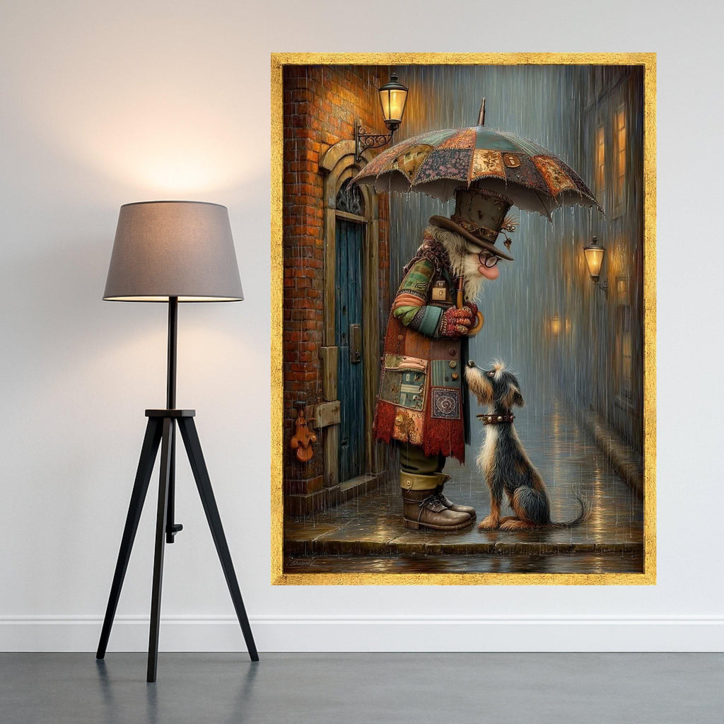 Whimsical Clown and Dog Canvas Print – Rainy Street Wall Art, Emotional Wall Decor, Ready to Hang Canvas Wall Decoration
