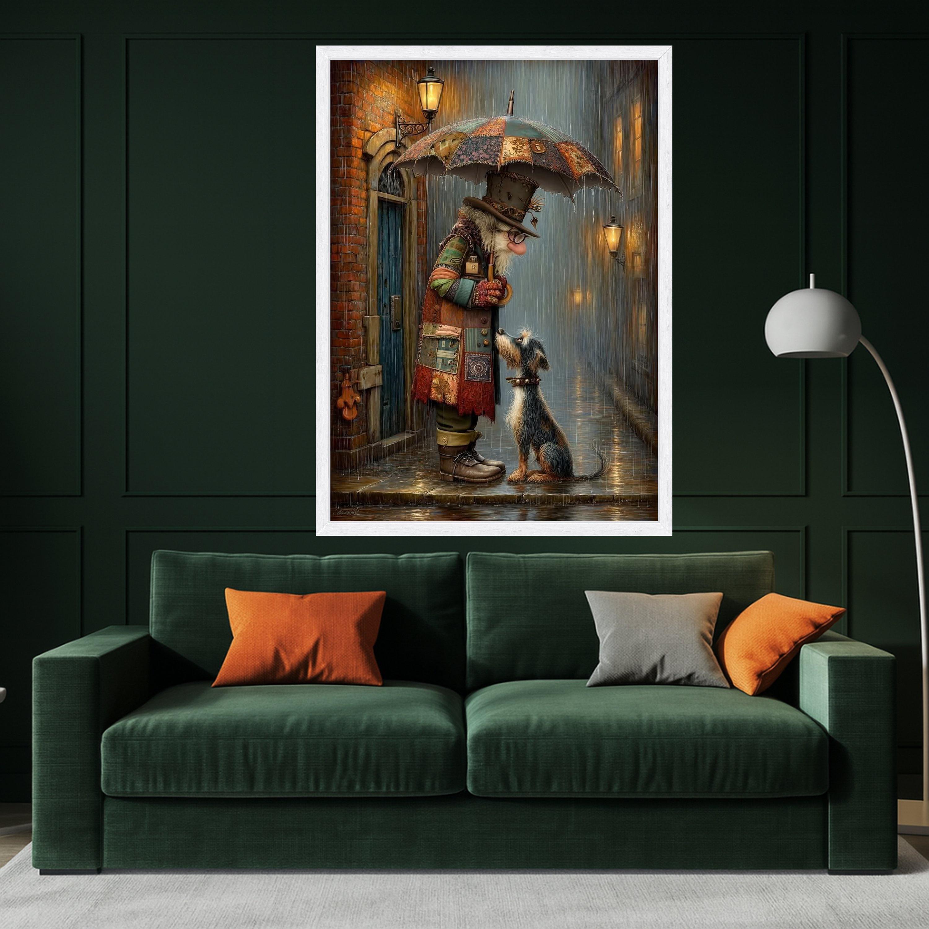 Whimsical Clown and Dog Canvas Print – Rainy Street Wall Art, Emotional Wall Decor, Ready to Hang Canvas Wall Decoration