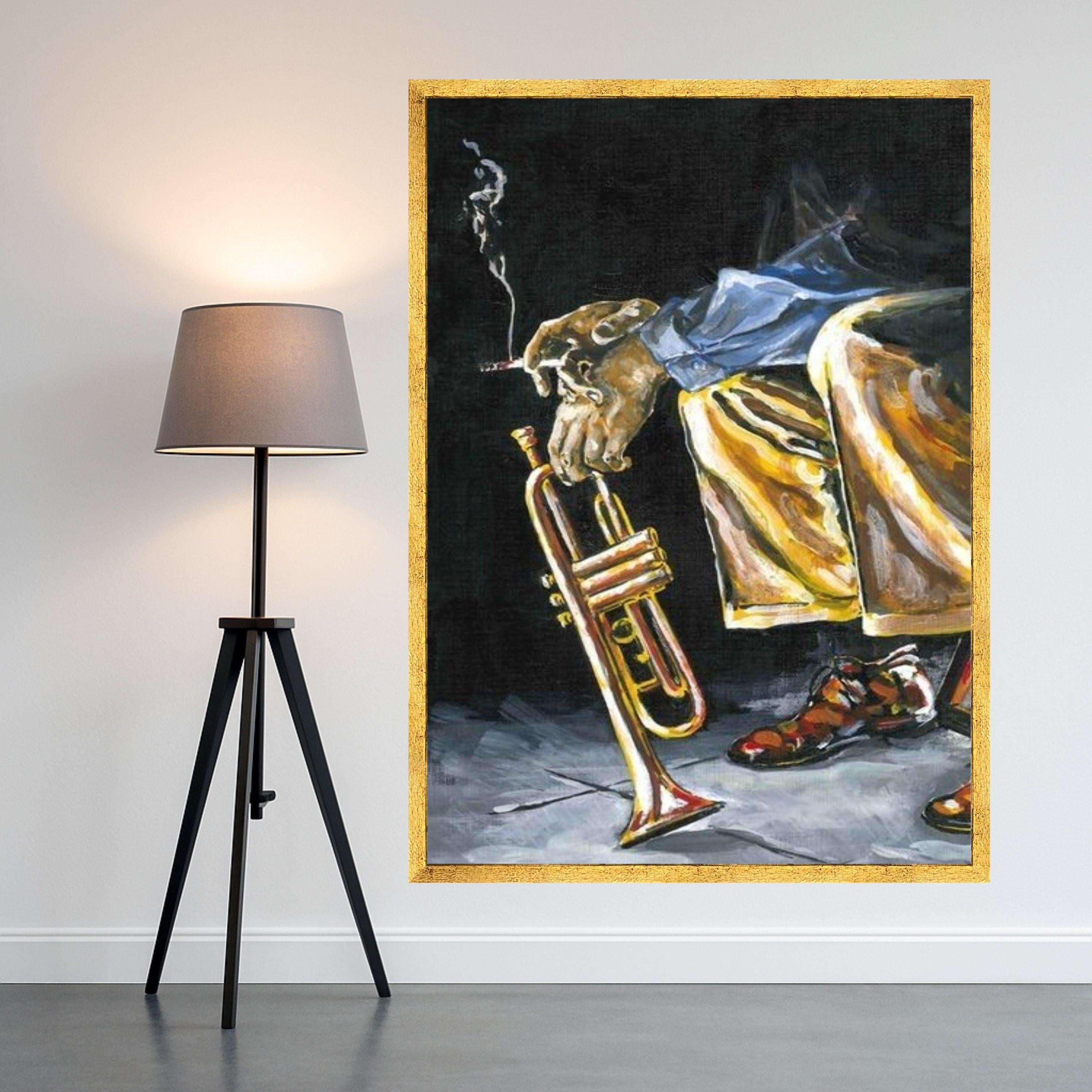 Jazz Musician Smoking Canvas Wall Art, Trumpet Player Painting, Urban Music Scene, Blues Art Print, Contemporary Home Decor Ready To Hang,