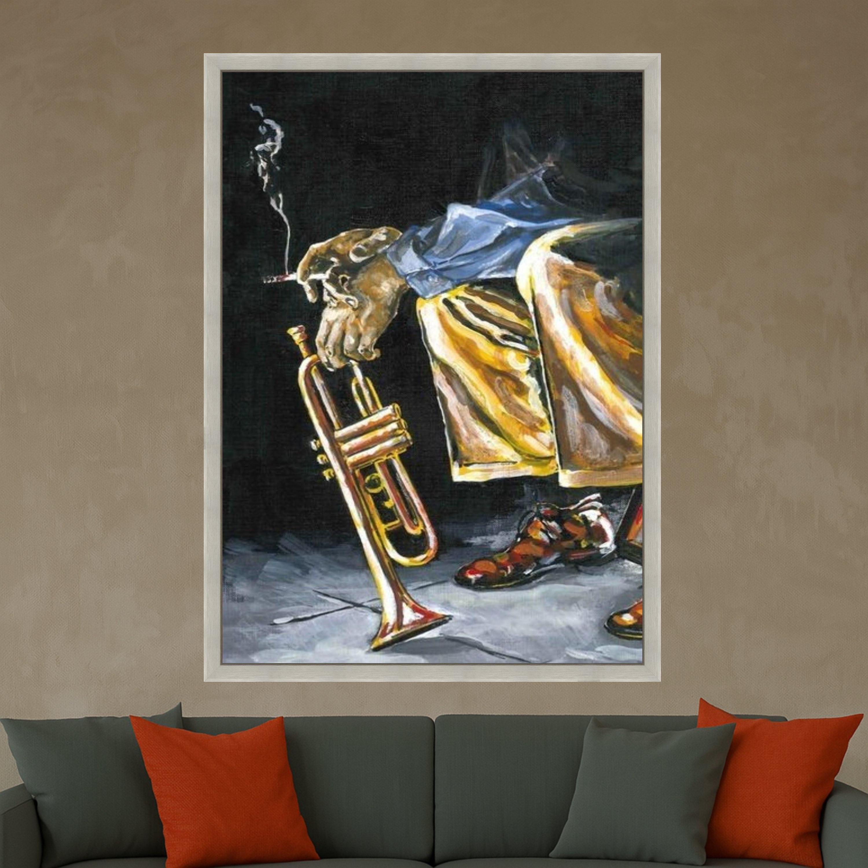 Jazz Musician Smoking Canvas Wall Art, Trumpet Player Painting, Urban Music Scene, Blues Art Print, Contemporary Home Decor Ready To Hang,