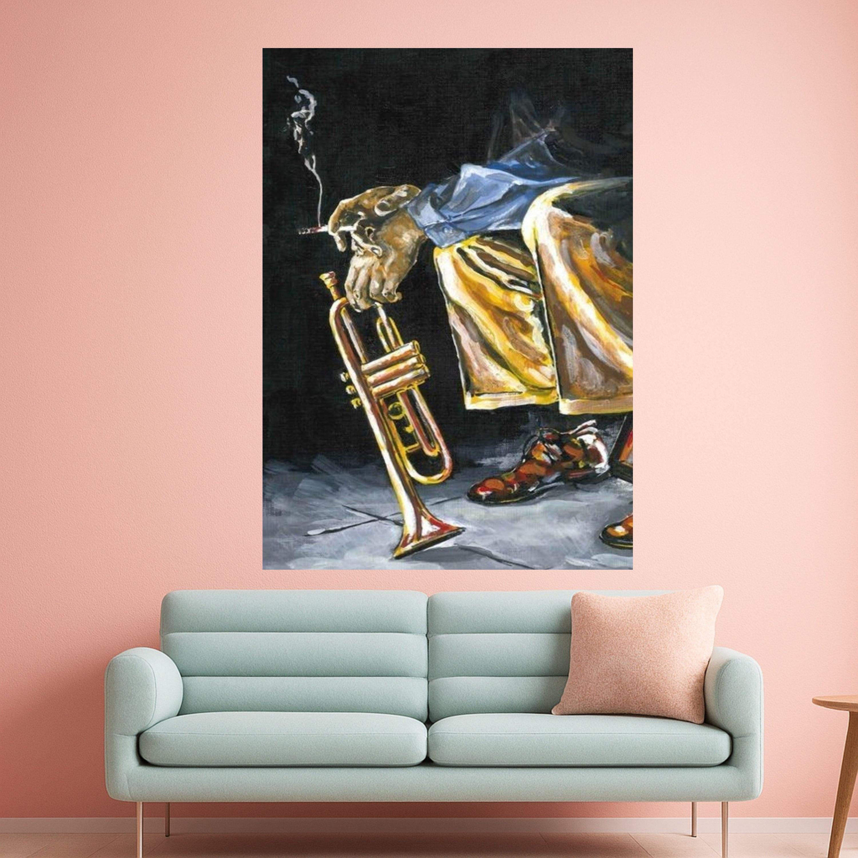 Jazz Musician Smoking Canvas Wall Art, Trumpet Player Painting, Urban Music Scene, Blues Art Print, Contemporary Home Decor Ready To Hang,