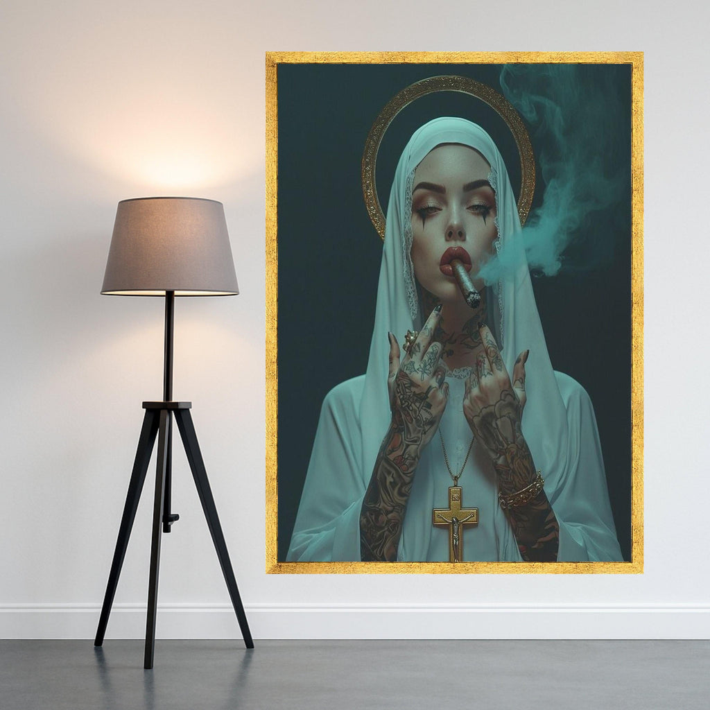 Tattooed Nun Smoking Cigar Canvas, Gothic Religious Wall Art
