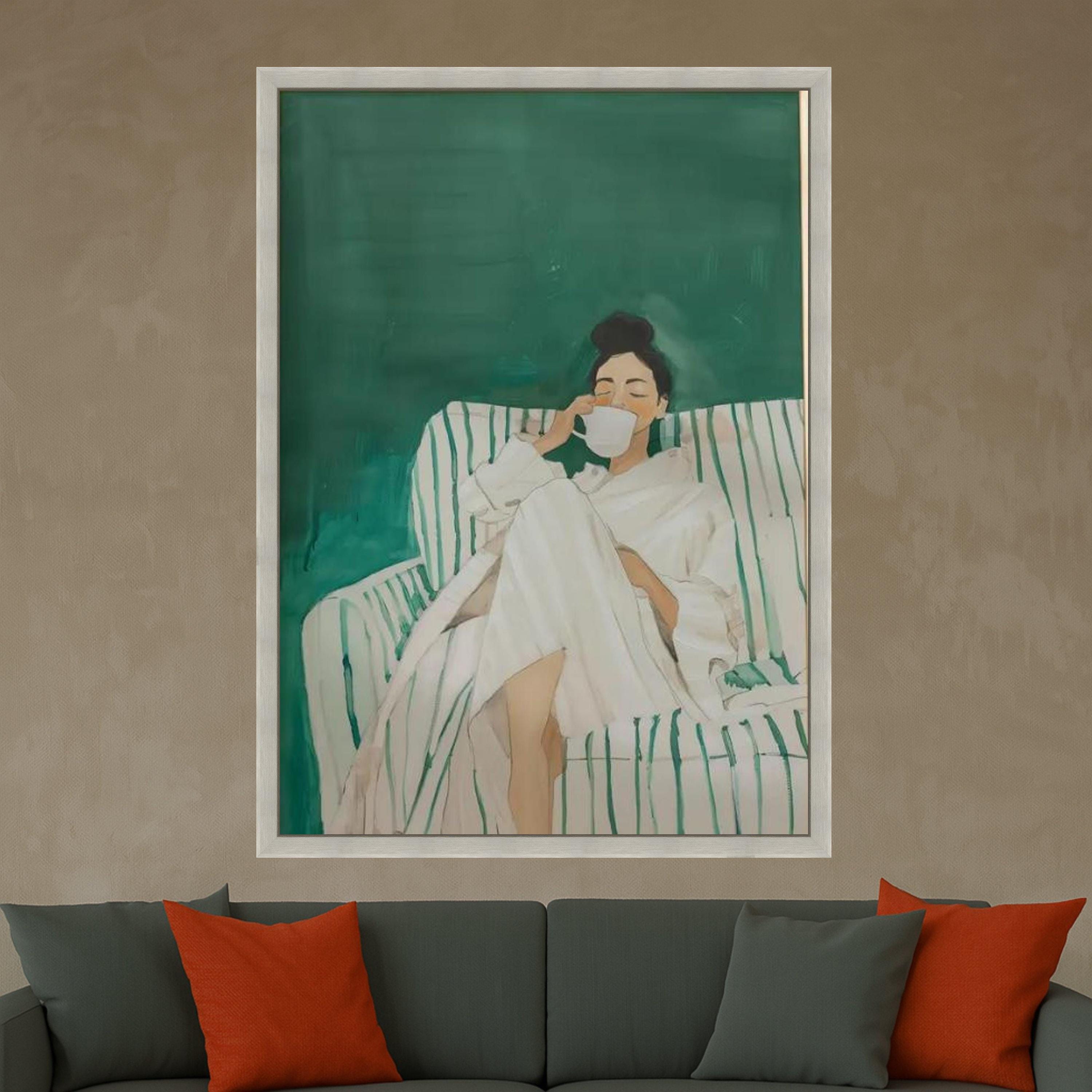 Cozy Morning Routine Canvas, Woman Relaxing with Coffee Art, Home Comfort Wall Decor, Modern Lifestyle Canvas, Relaxation Ready To Hang,