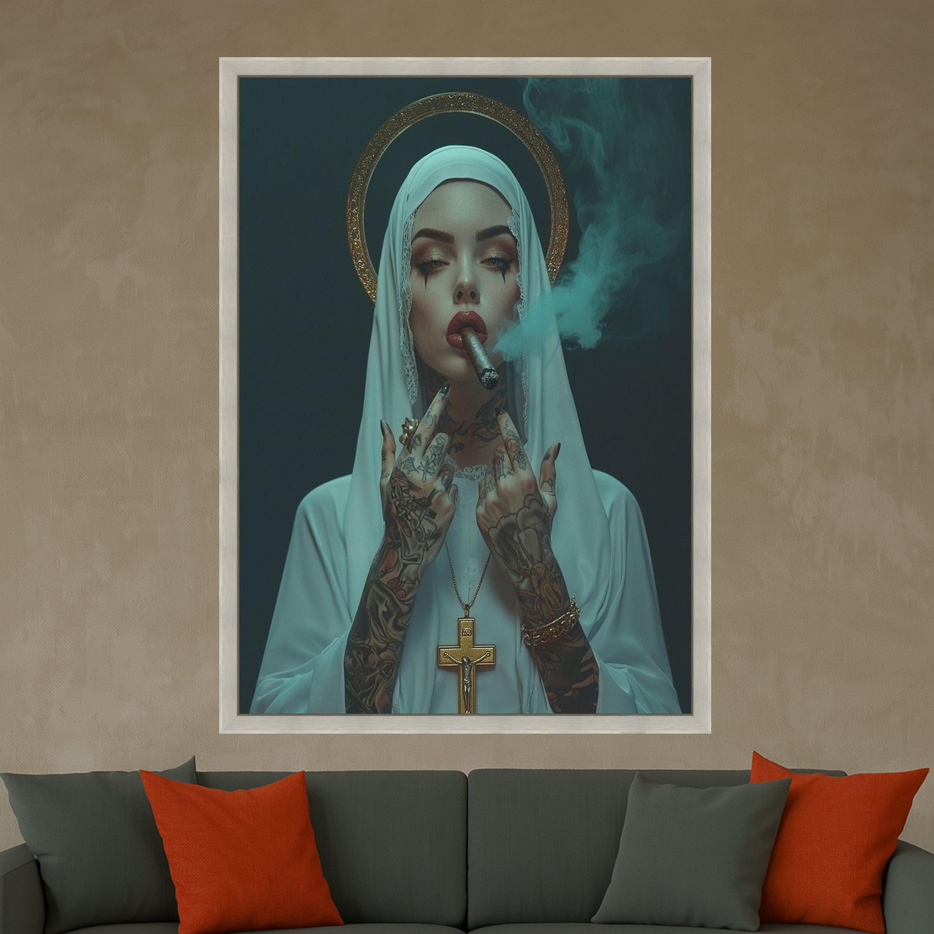 Tattooed Nun Smoking Cigar Canvas, Gothic Religious Wall Art
