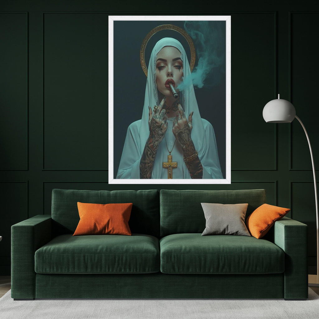 Tattooed Nun Smoking Cigar Canvas, Gothic Religious Wall Art