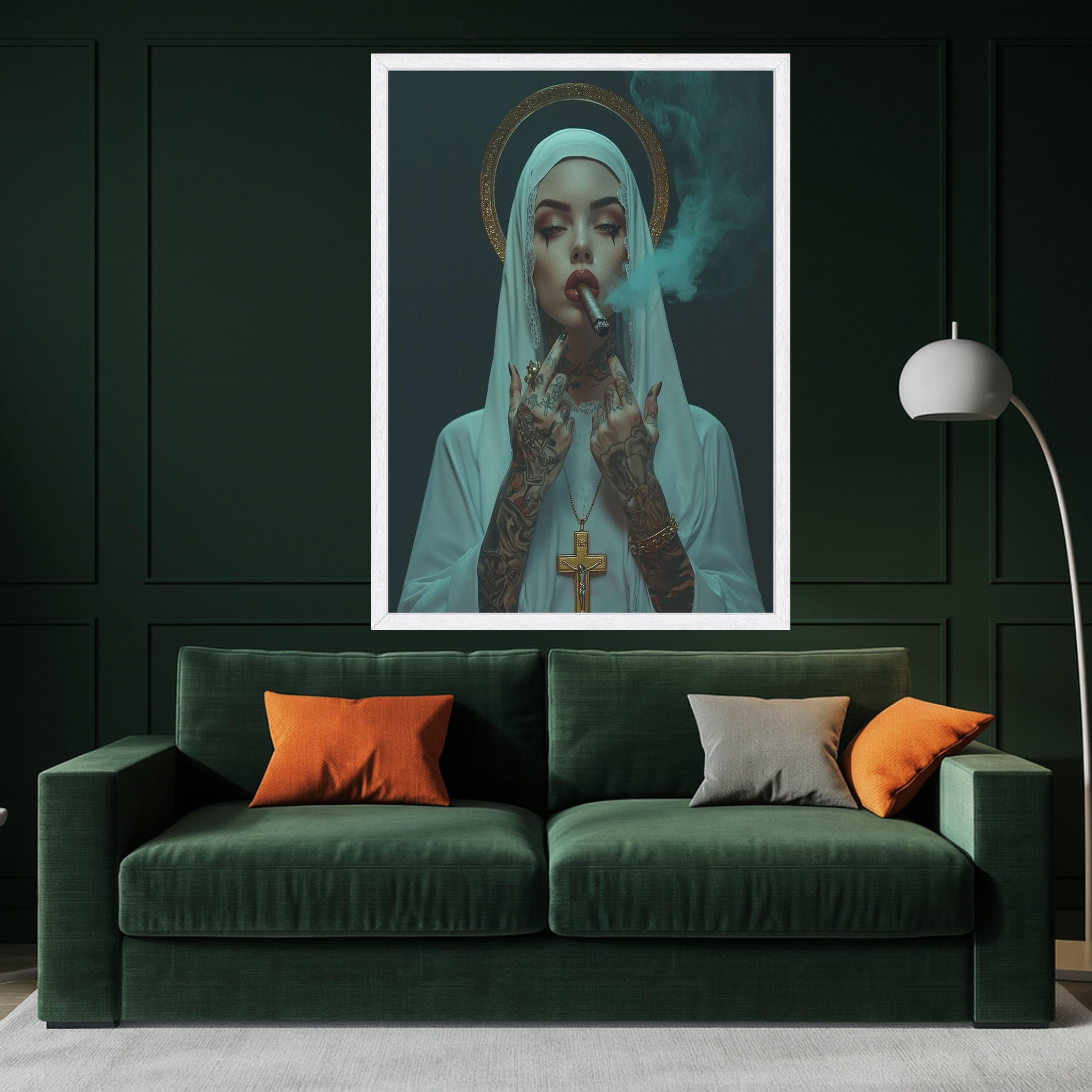 Tattooed Nun Smoking Cigar Canvas, Gothic Religious Wall Art
