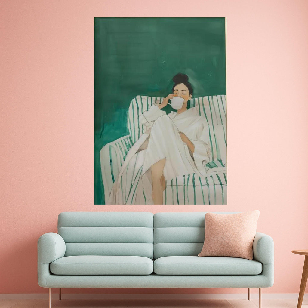 Cozy Morning Routine Canvas, Woman Relaxing with Coffee Art, Home Comfort Wall Decor, Modern Lifestyle Canvas, Relaxation Ready To Hang,