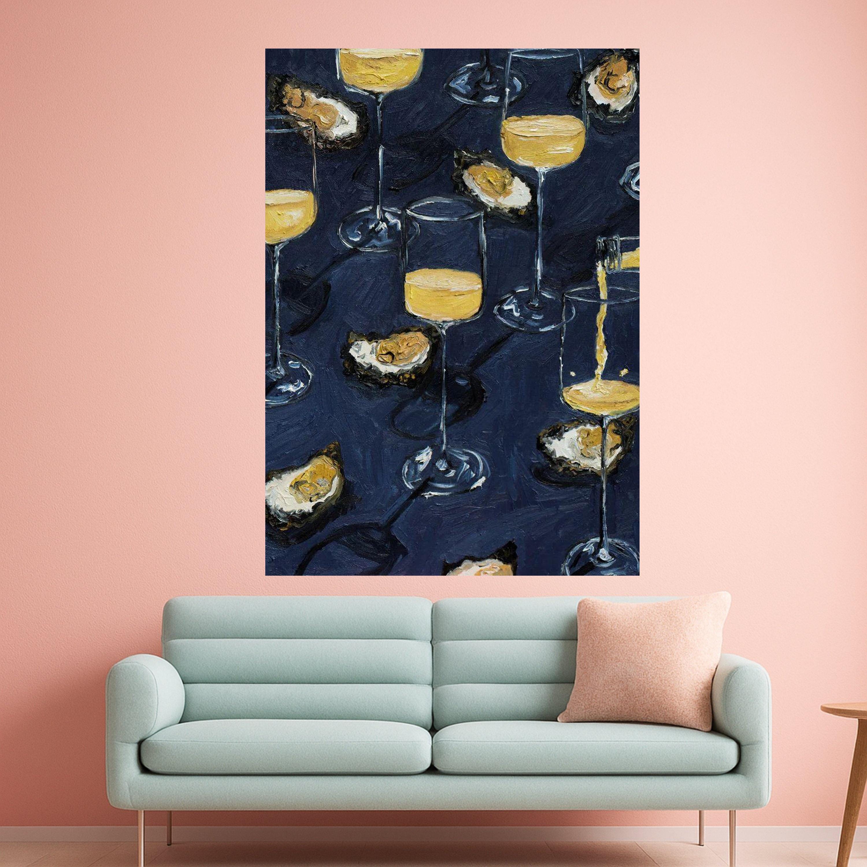 Champagne Glasses and Oysters Canvas, Elegant Seafood Drink Art, Party Celebration Wall Decor, Contemporary Kitchen Canvas Ready To Hang,
