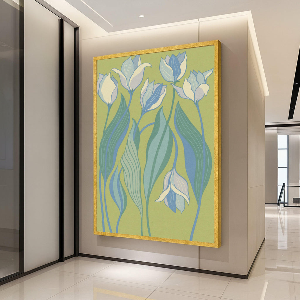 Abstract Blue Tulips Canvas Wall Art, Modern Floral Design, Botanical Home Decor, Soft Green Background, Contemporary Canvas Ready To Hang,