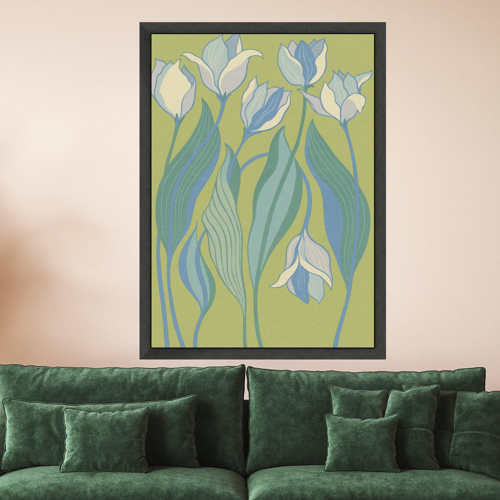 Abstract Blue Tulips Canvas Wall Art, Modern Floral Design, Botanical Home Decor, Soft Green Background, Contemporary Canvas Ready To Hang,