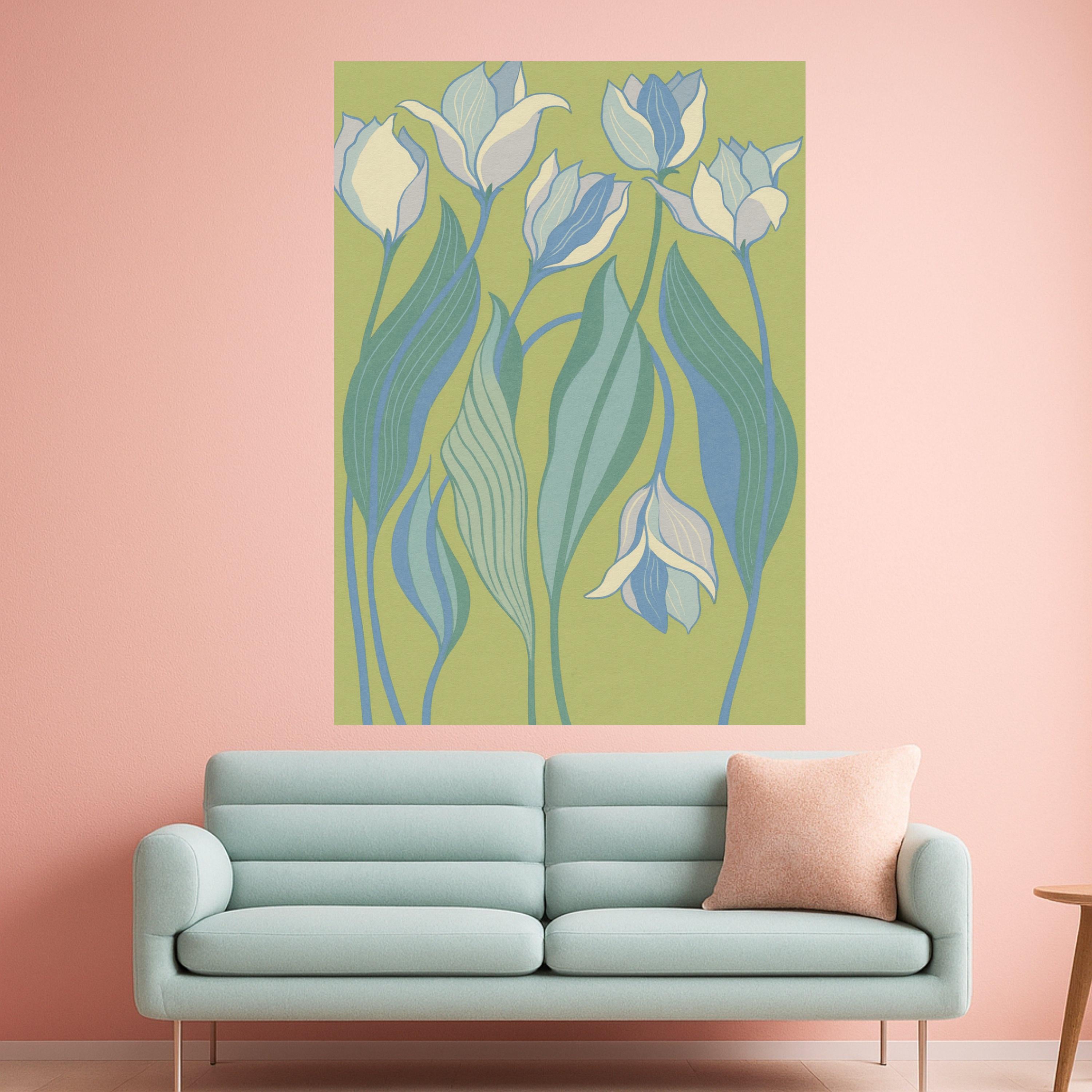 Abstract Blue Tulips Canvas Wall Art, Modern Floral Design, Botanical Home Decor, Soft Green Background, Contemporary Canvas Ready To Hang,