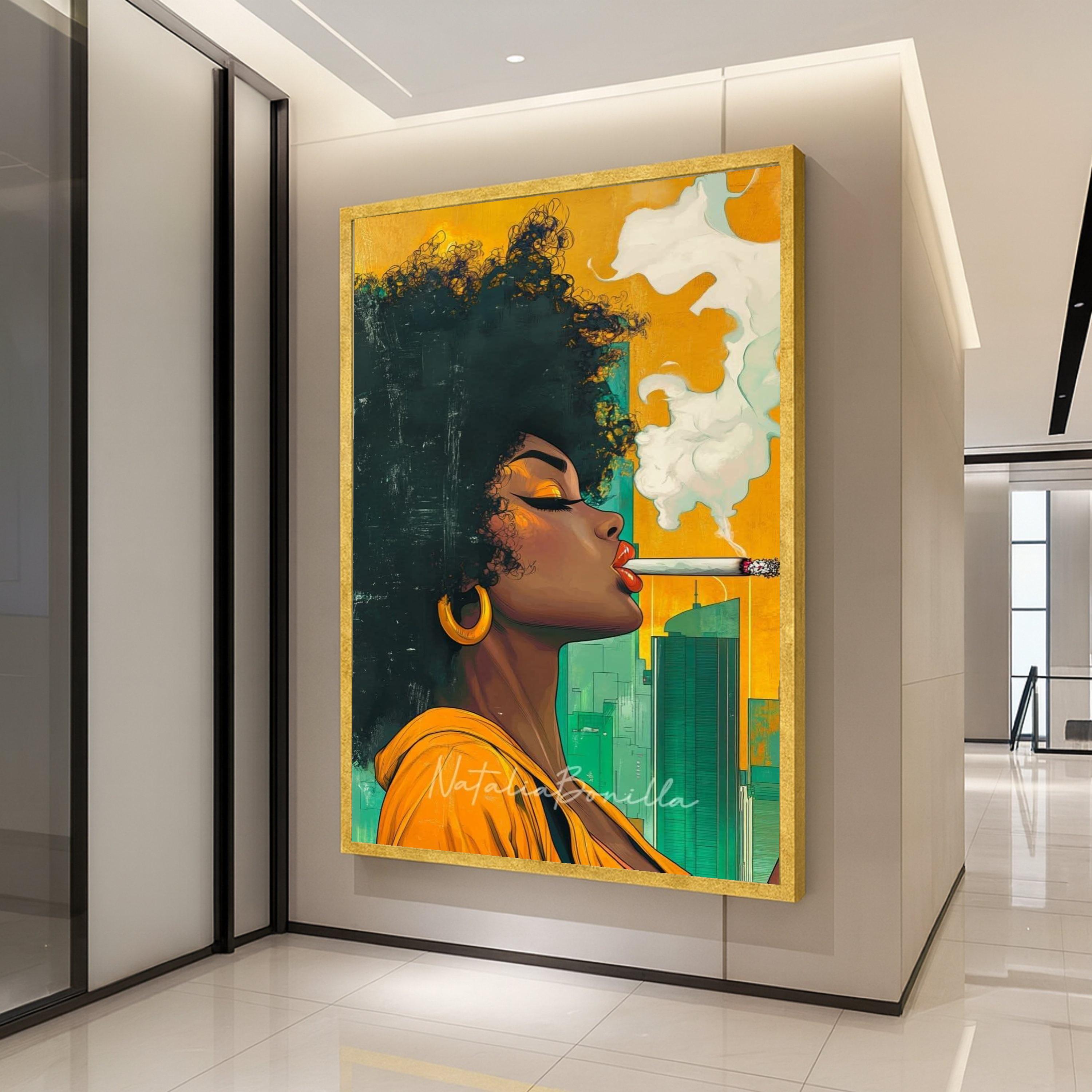 Afro Woman Smoking Canvas, Cityscape Portrait, Modern Pop Art, Ready To Hang