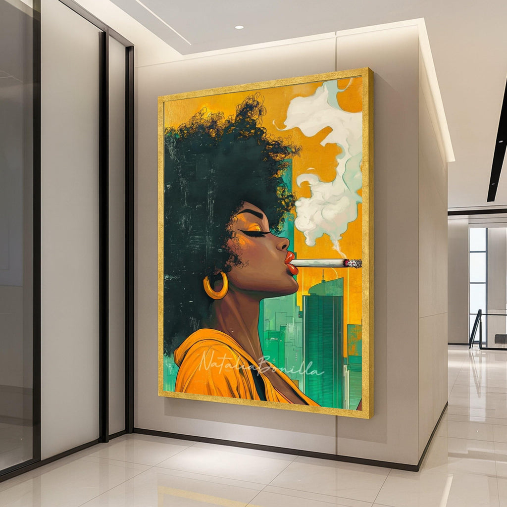Afro Woman Smoking Canvas, Cityscape Portrait, Modern Pop Art, Ready To Hang