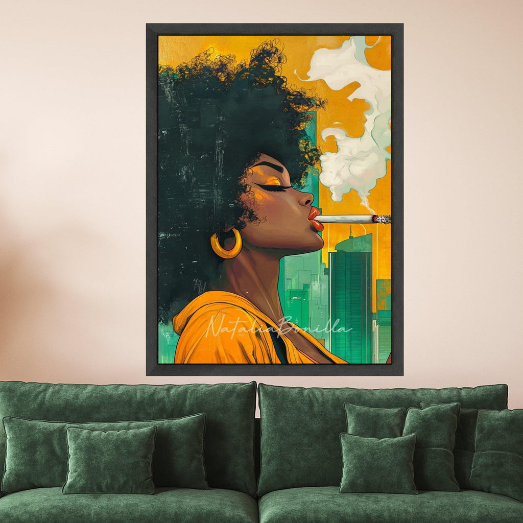 Afro Woman Smoking Canvas, Cityscape Portrait, Modern Pop Art, Ready To Hang