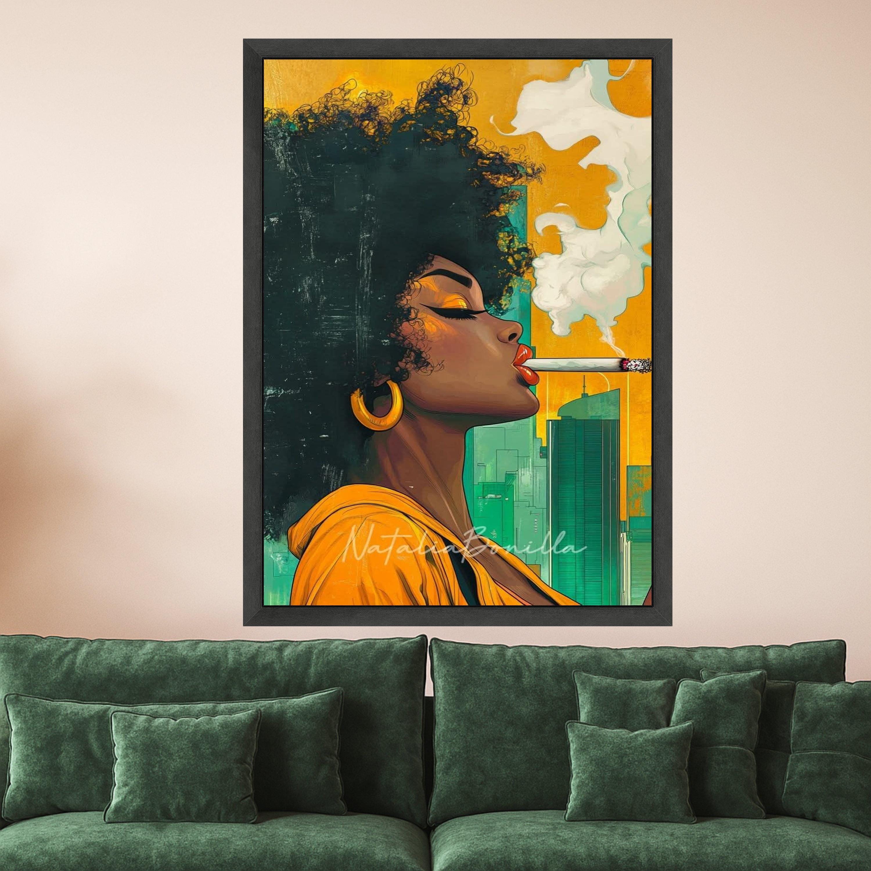 Afro Woman Smoking Canvas, Cityscape Portrait, Modern Pop Art, Ready To Hang