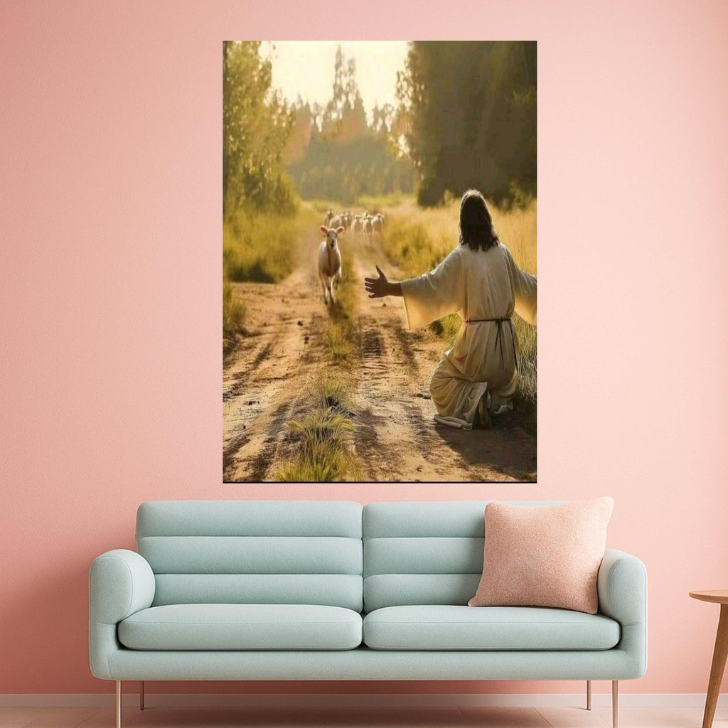 Peaceful Shepherd Scene Canvas, Jesus and Sheep Wall Art, Inspirational Religious Canvas, Spiritual Nature Landscape, Ready To Hang,