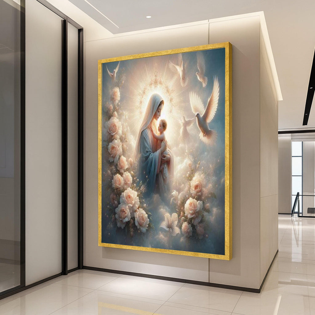 Sacred Mother and Child Canvas, Religious Wall Art, Virgin Mary with Baby, Angelic Dove Decor, Spiritual Canvas Painting, Ready To Hang,