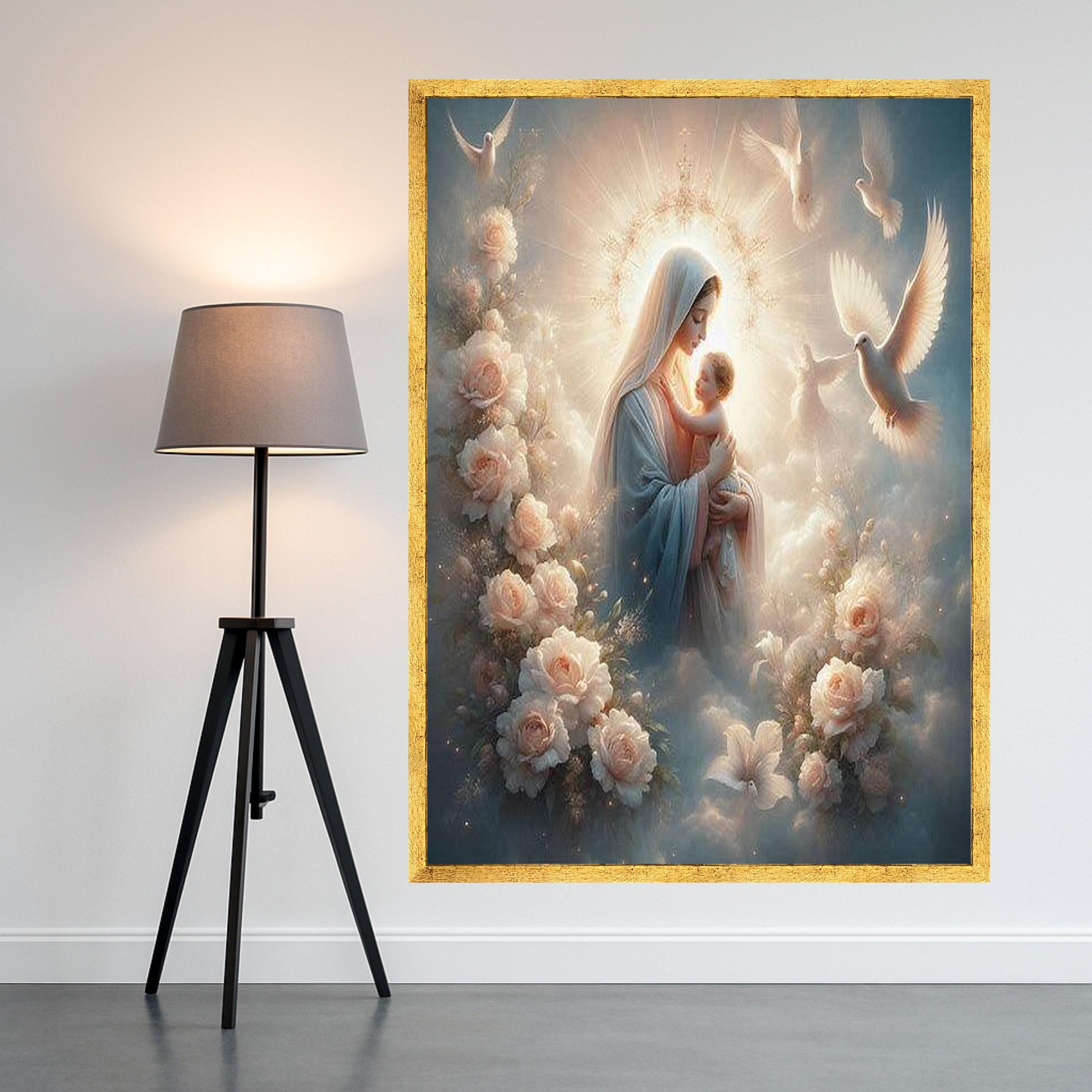 Sacred Mother and Child Canvas, Religious Wall Art, Virgin Mary with Baby, Angelic Dove Decor, Spiritual Canvas Painting, Ready To Hang,