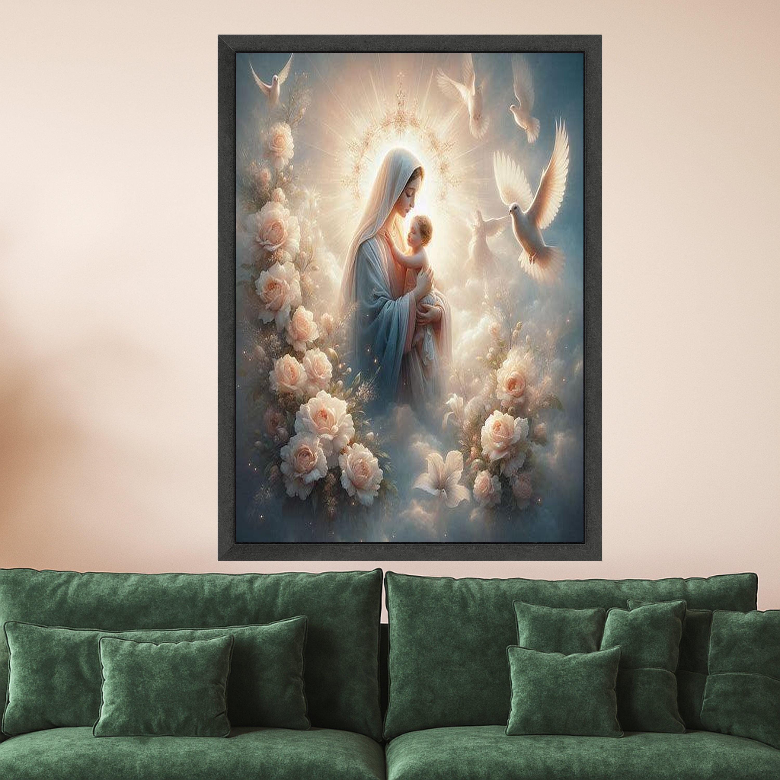 Sacred Mother and Child Canvas, Religious Wall Art, Virgin Mary with Baby, Angelic Dove Decor, Spiritual Canvas Painting, Ready To Hang,