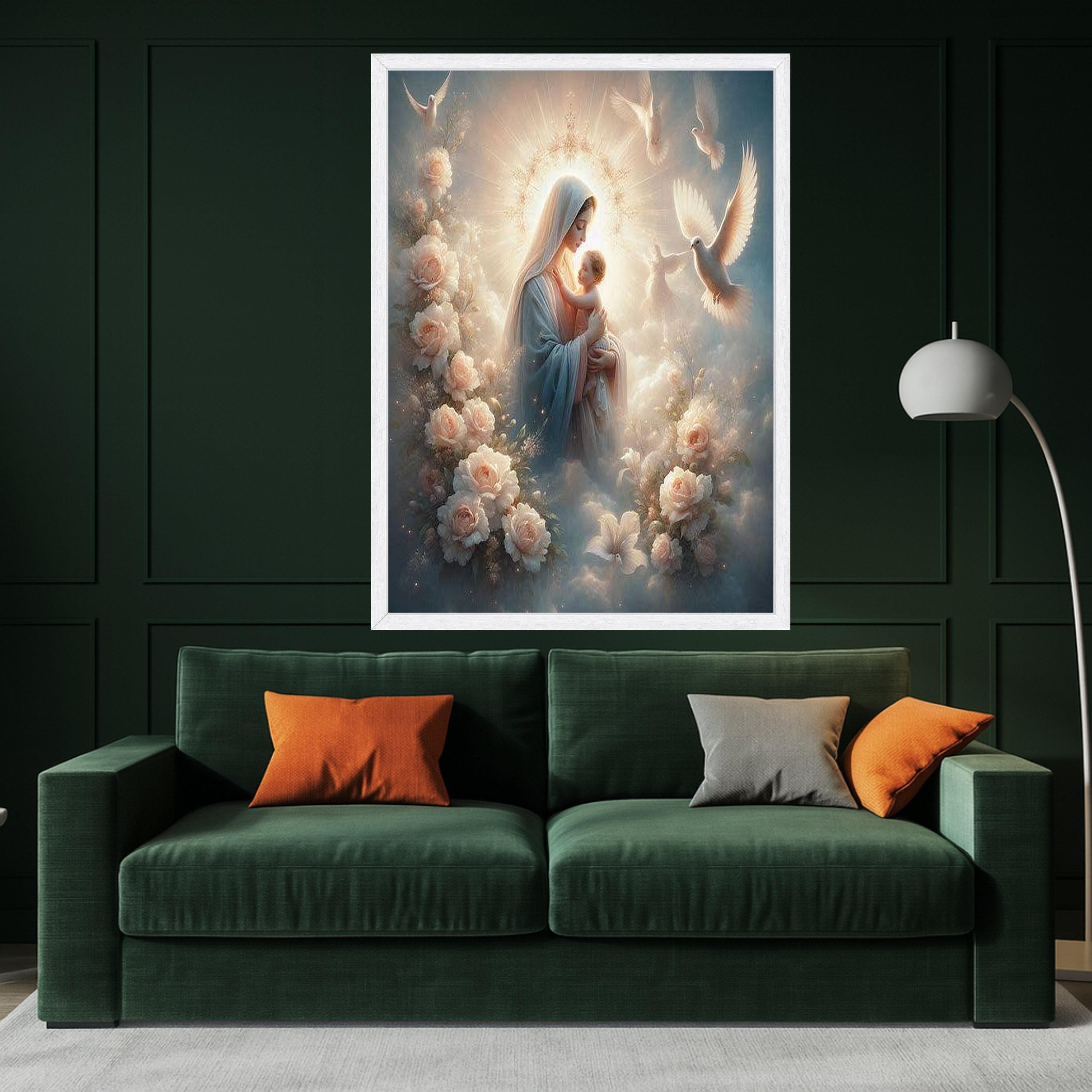 Sacred Mother and Child Canvas, Religious Wall Art, Virgin Mary with Baby, Angelic Dove Decor, Spiritual Canvas Painting, Ready To Hang,