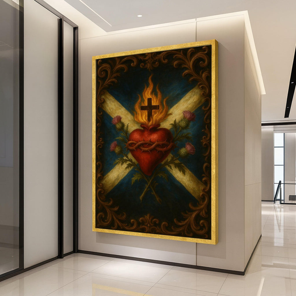 Sacred Heart with Flaming Cross Canvas, Religious Wall Art, Christian Symbolism Canvas, Spiritual Home Decor, Inspirational Ready To Hang,