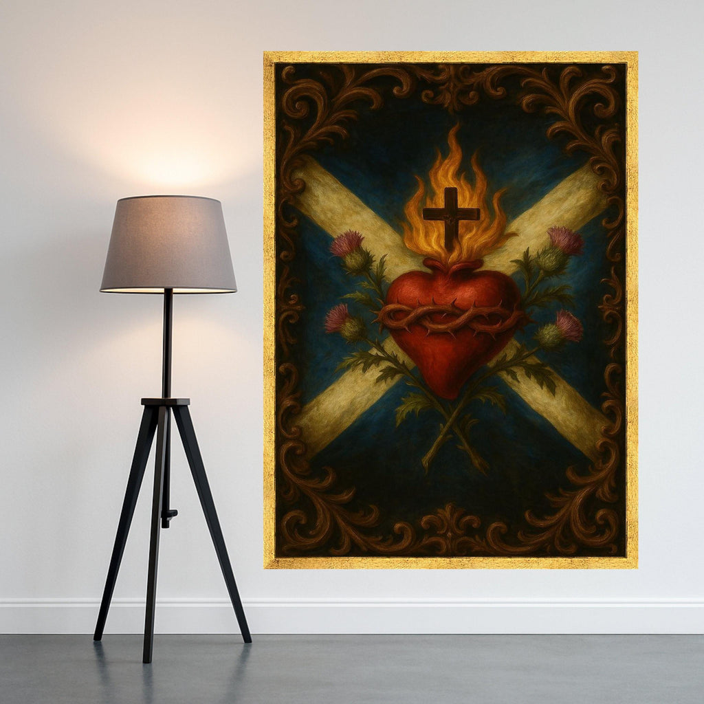 Sacred Heart with Flaming Cross Canvas, Religious Wall Art, Christian Symbolism Canvas, Spiritual Home Decor, Inspirational Ready To Hang,