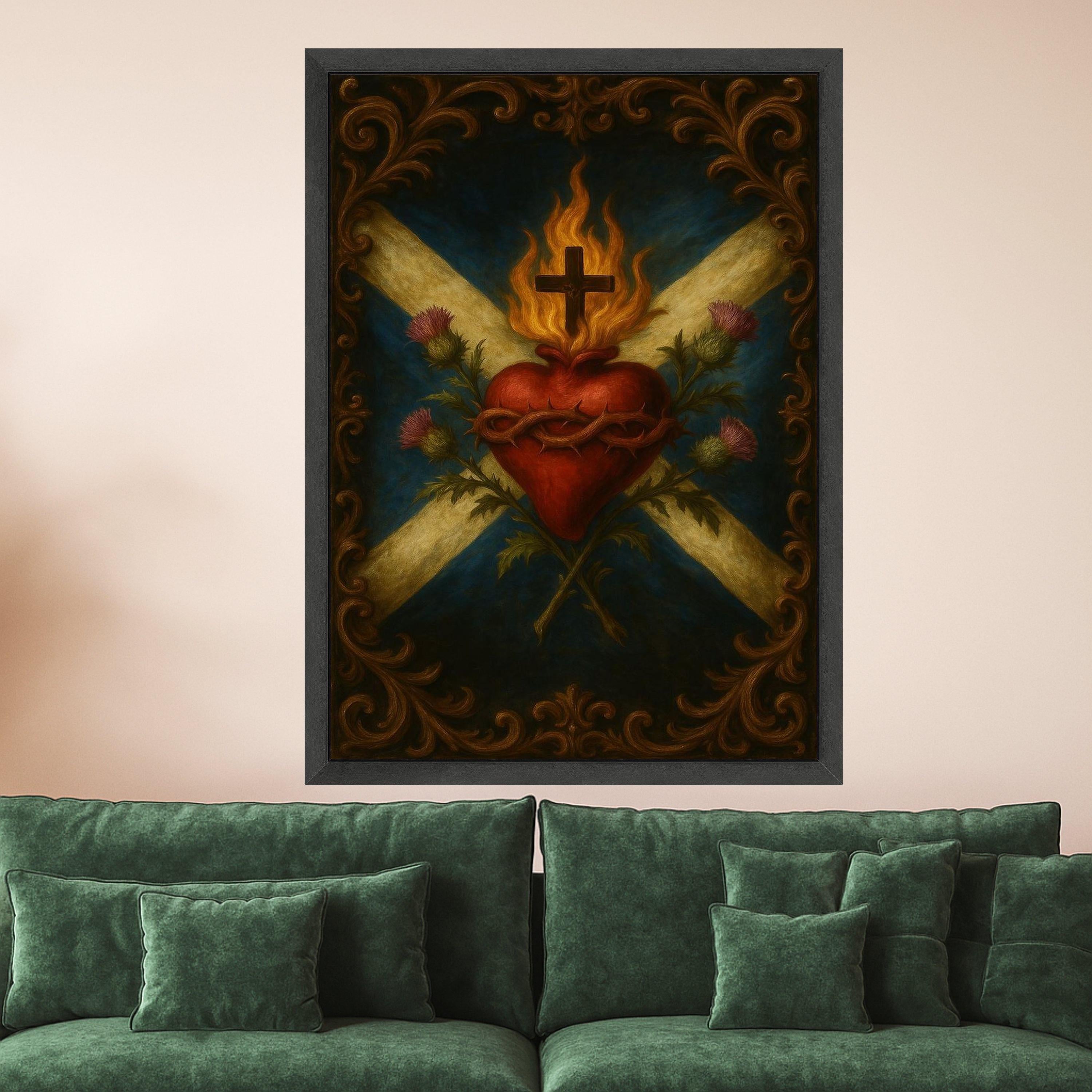Sacred Heart with Flaming Cross Canvas, Religious Wall Art, Christian Symbolism Canvas, Spiritual Home Decor, Inspirational Ready To Hang,