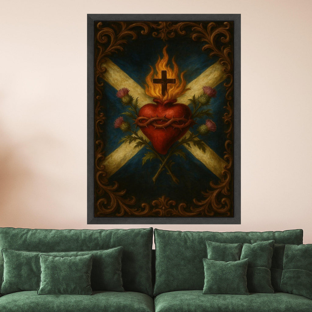 Sacred Heart with Flaming Cross Canvas, Religious Wall Art, Christian Symbolism Canvas, Spiritual Home Decor, Inspirational Ready To Hang,